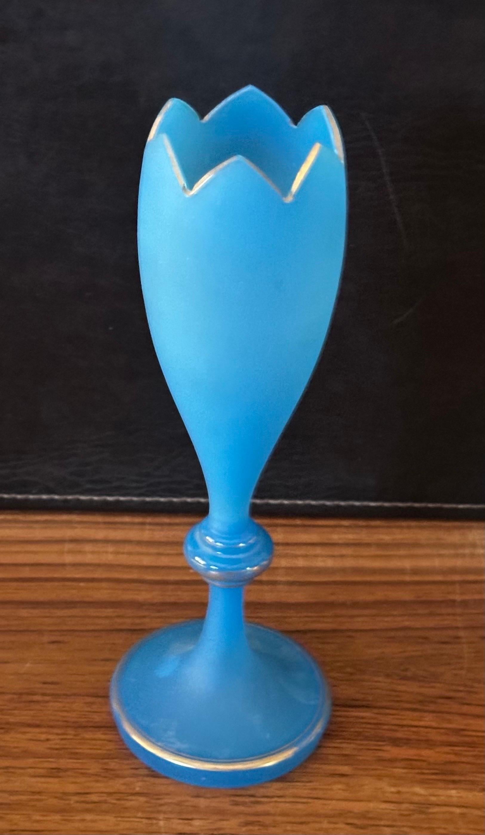Hand-Painted Antique Blue Opaline Glass Vase with Gold Decor For Sale