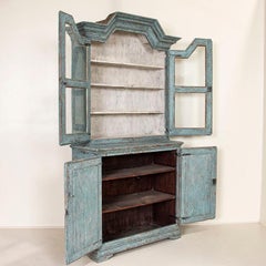 Antique Blue Painted Bookcase Display Cabinet from Sweden