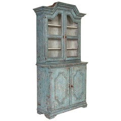 Antique Blue Painted Bookcase Display Cabinet from Sweden