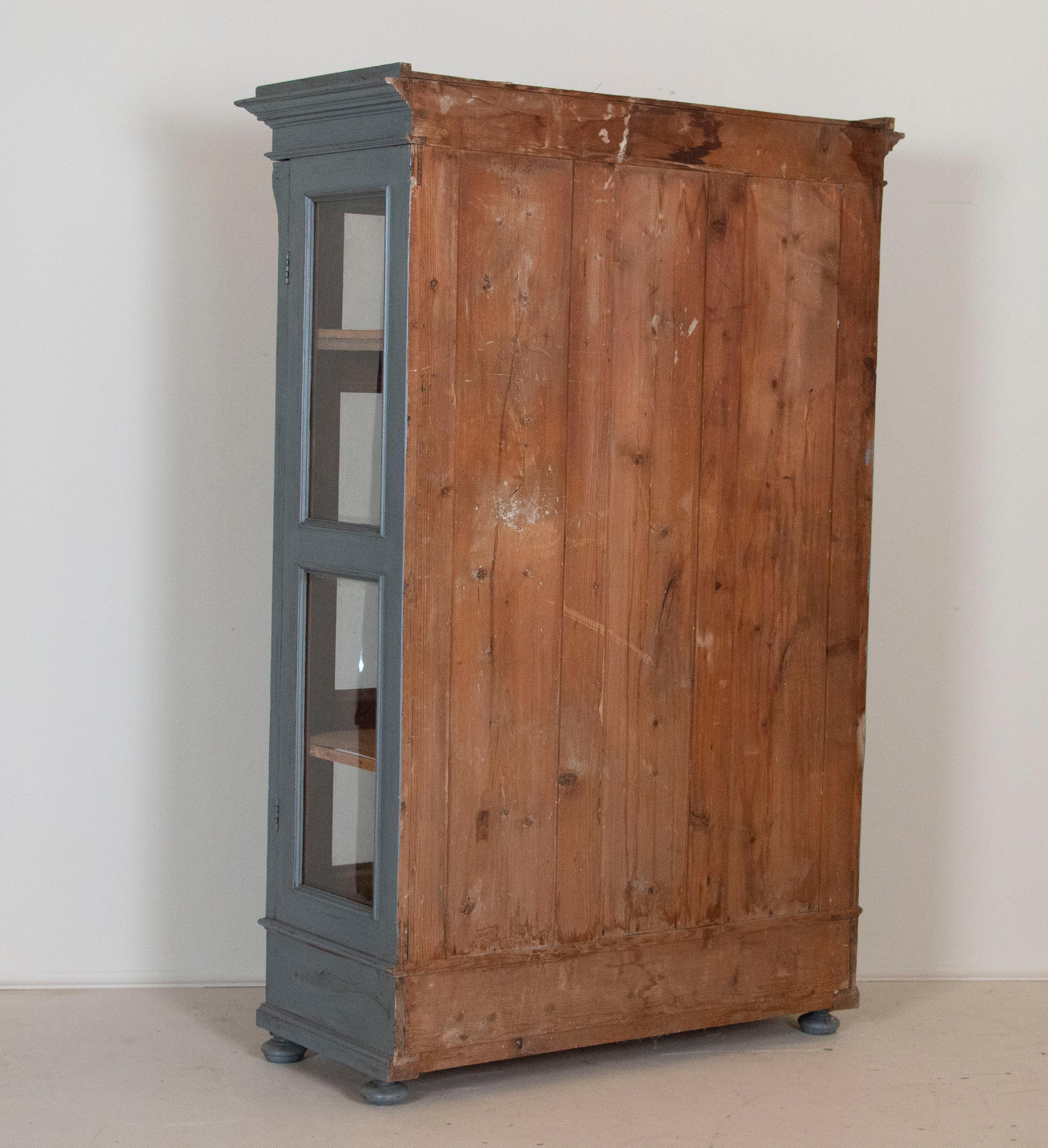 Hungarian Antique Blue Painted Cabinet Bookcase with Glass Doors