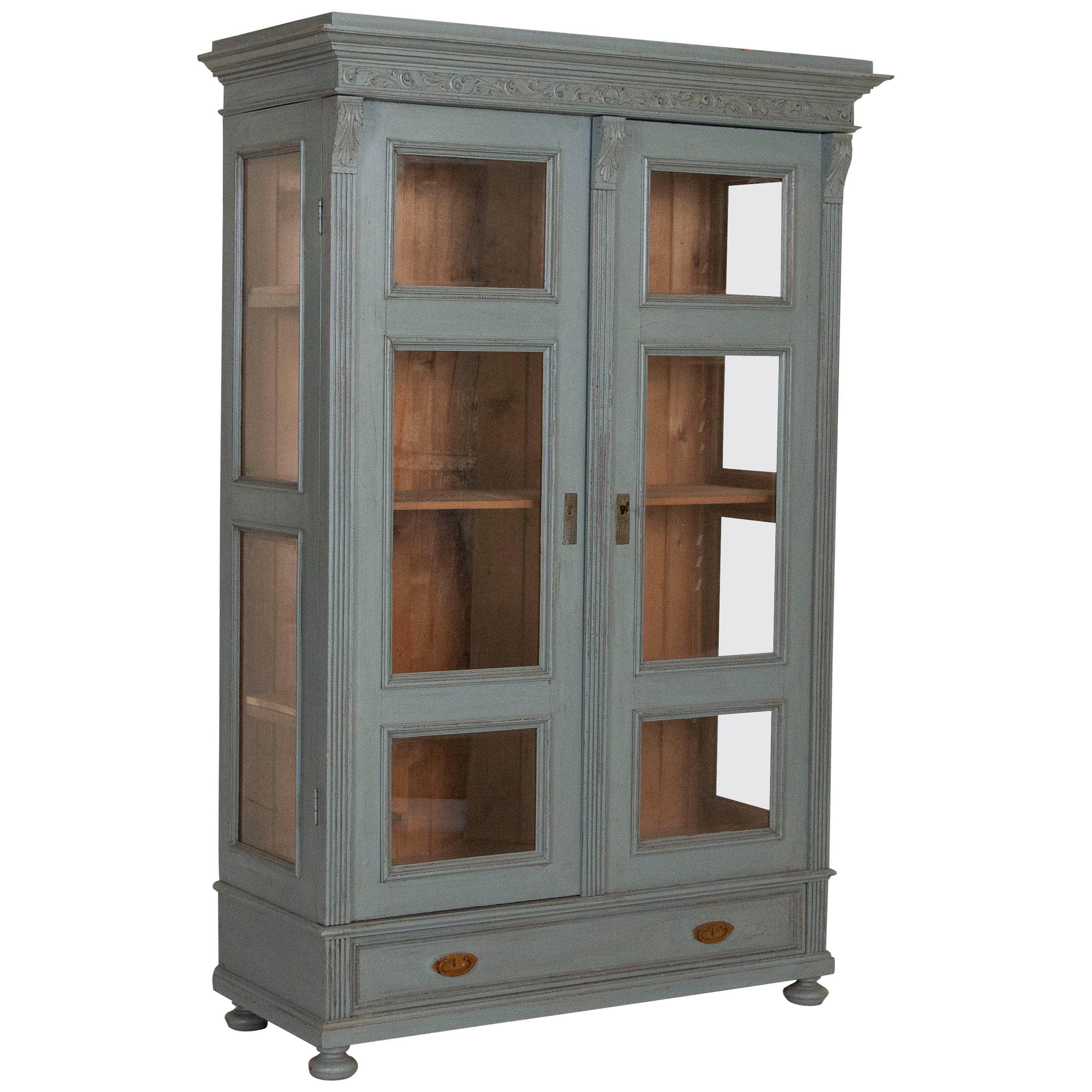 Antique Blue Painted Cabinet Bookcase with Glass Doors