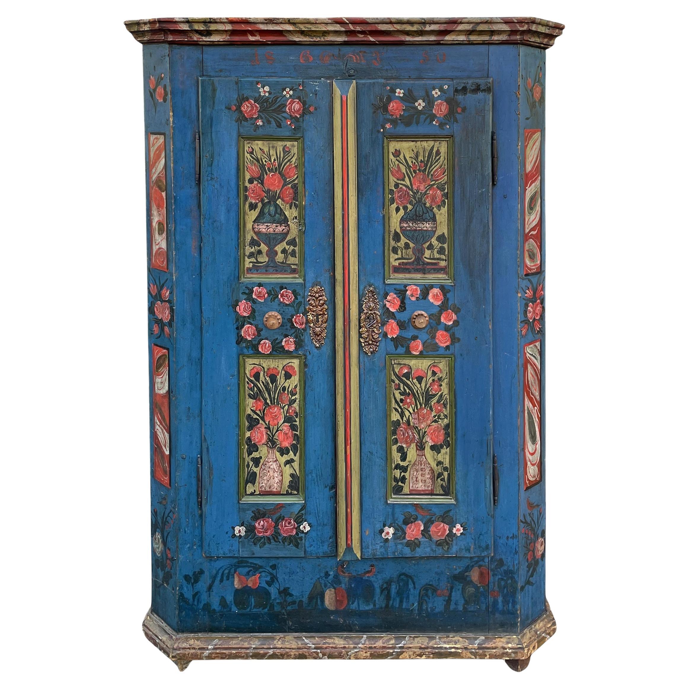 Antique Blue Painted Cupboard Dated 1850