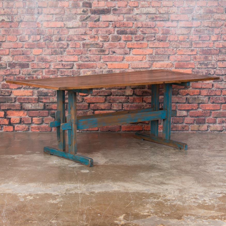 Antique Blue Painted Farm House Trestle Table In Good Condition In Round Top, TX