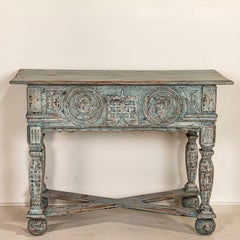 Antique Blue Painted French Side Table with Carved Faces