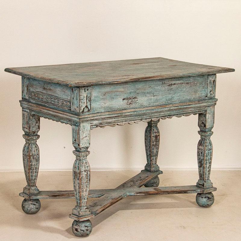 Antique Blue Painted French Side Table with Carved Faces In Good Condition In Round Top, TX