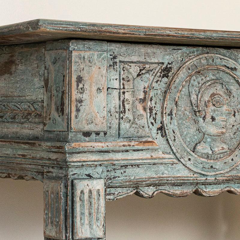 Antique Blue Painted French Side Table with Carved Faces 1