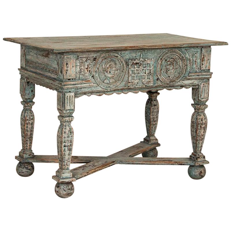 Antique Blue Painted French Side Table with Carved Faces