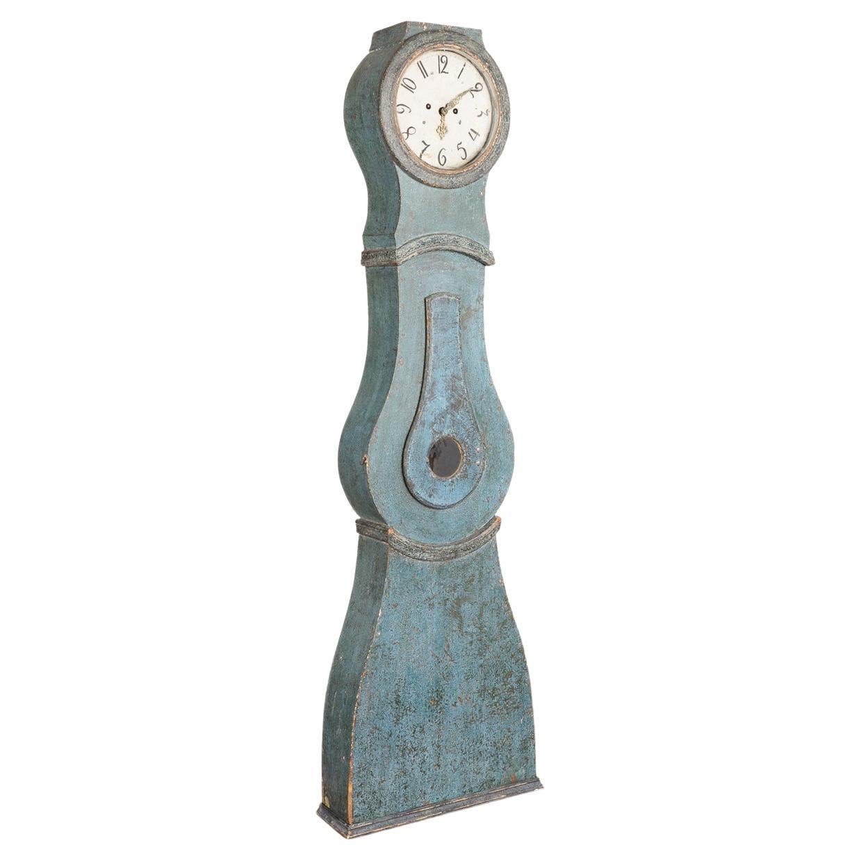 Antike blau bemalte schwedische Mora Grandfather Clock, ca. 1820-1840