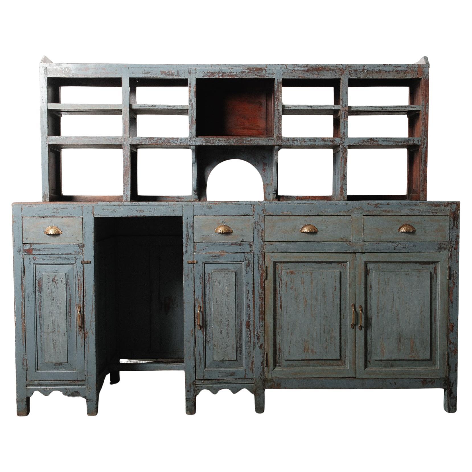 Distressed Blue Painted Wooden Counter with Hutch Display & Storage Cabinet
