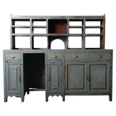 Antique Blue Painted Wooden Counter with Hutch Display & Storage Cabinet Antique Blue Painted Wooden Counter with Hutch Display & Storage Cabinet
