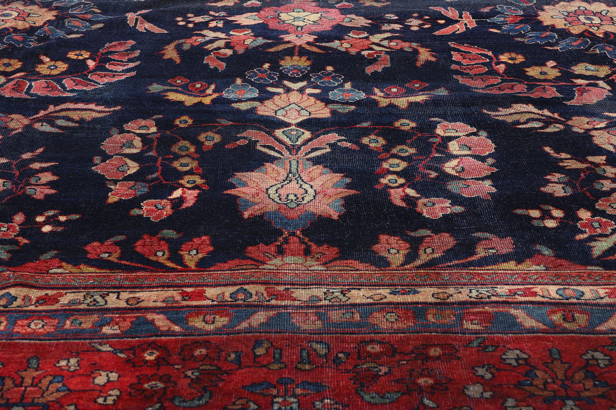 Noué à la main Tapis Sarouk bleu persan à fleurs anciennes, 12'05 x 18'07 en vente