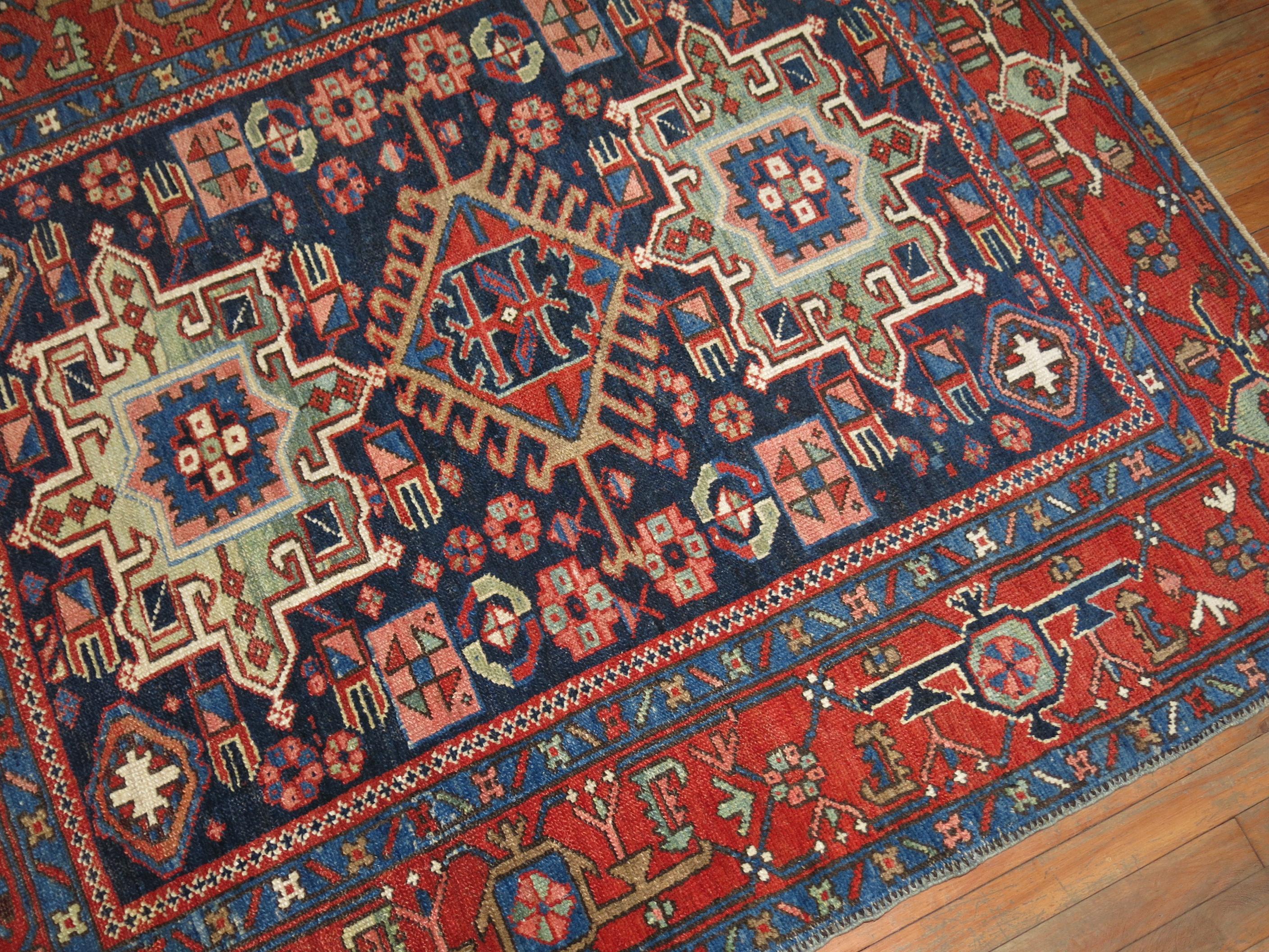 Hand-Knotted Antique Blue Persian Heriz Square Karadja Rug
