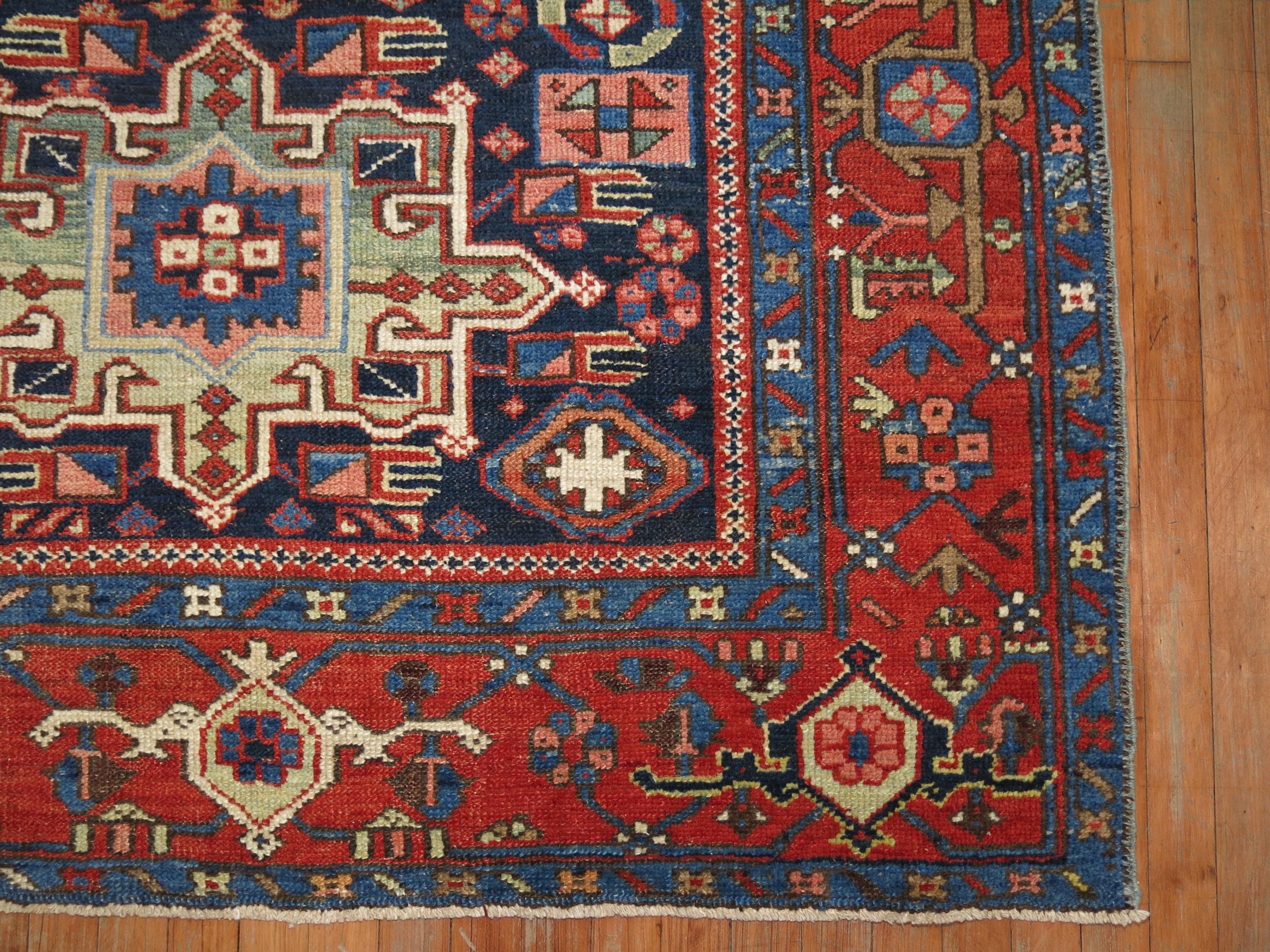 Early 20th Century Antique Blue Persian Heriz Square Karadja Rug