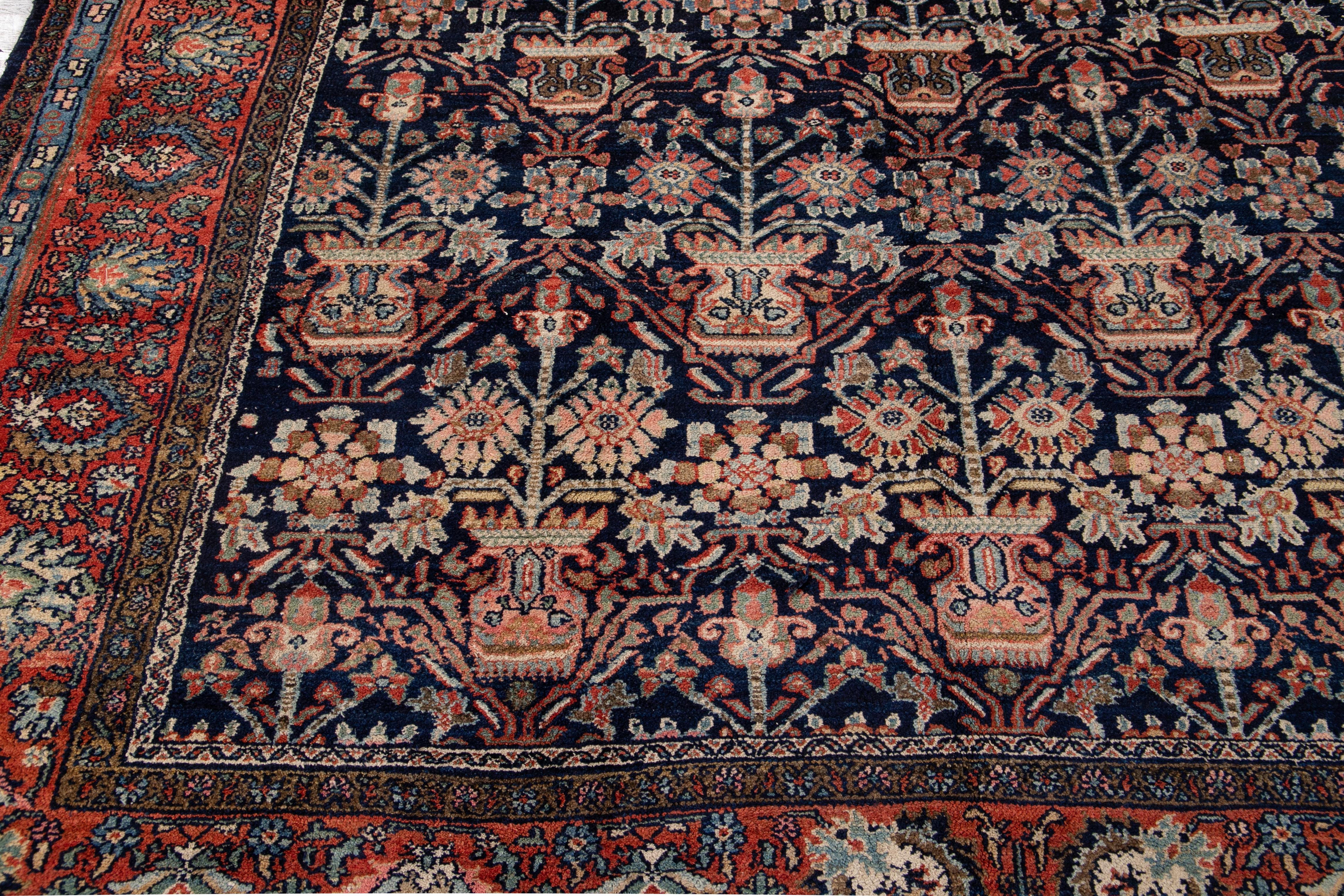 Antique Blue Persian Malayer Handmade Wool Rug For Sale 6