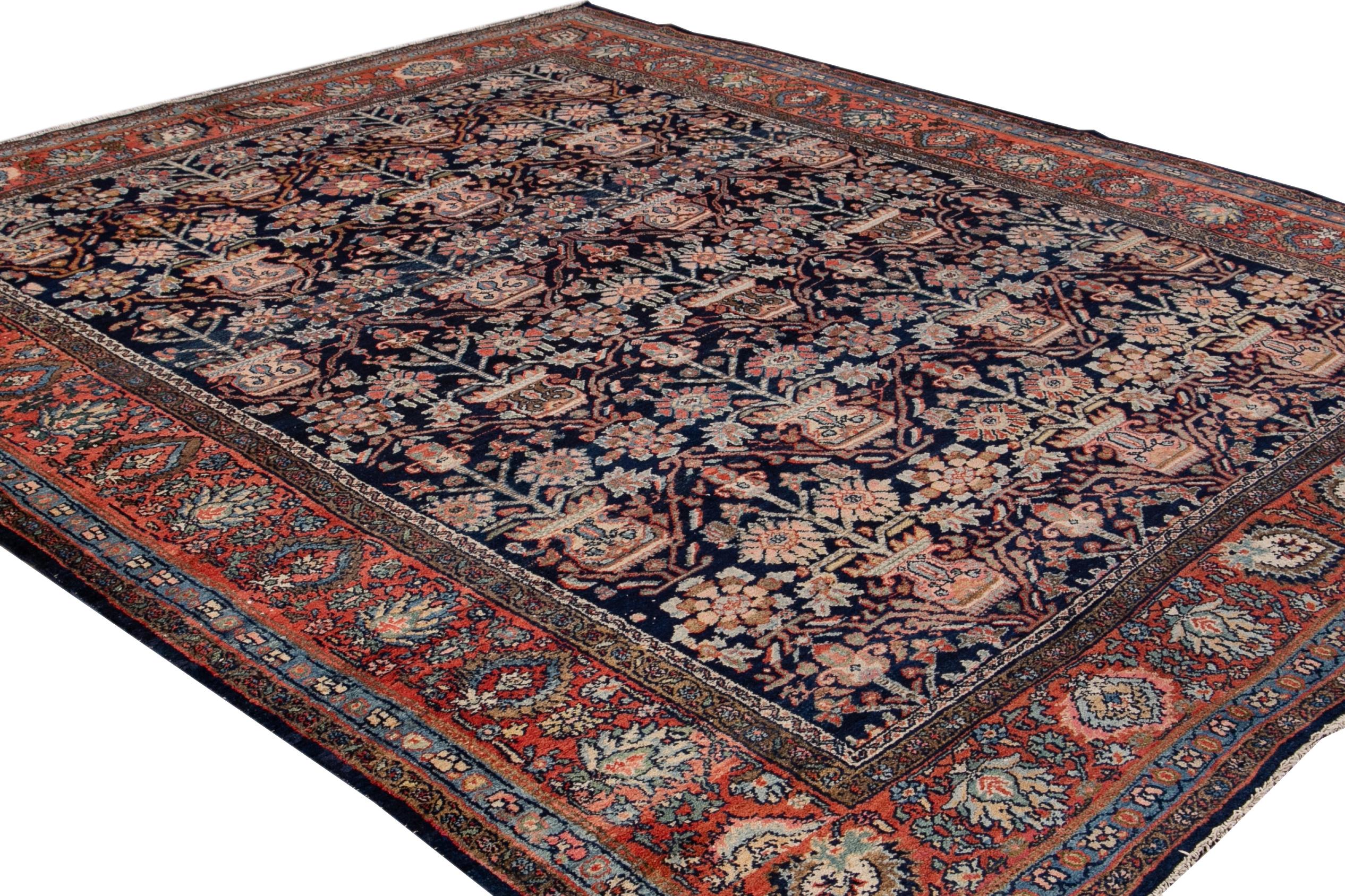 Antique Blue Persian Malayer Handmade Wool Rug For Sale 7