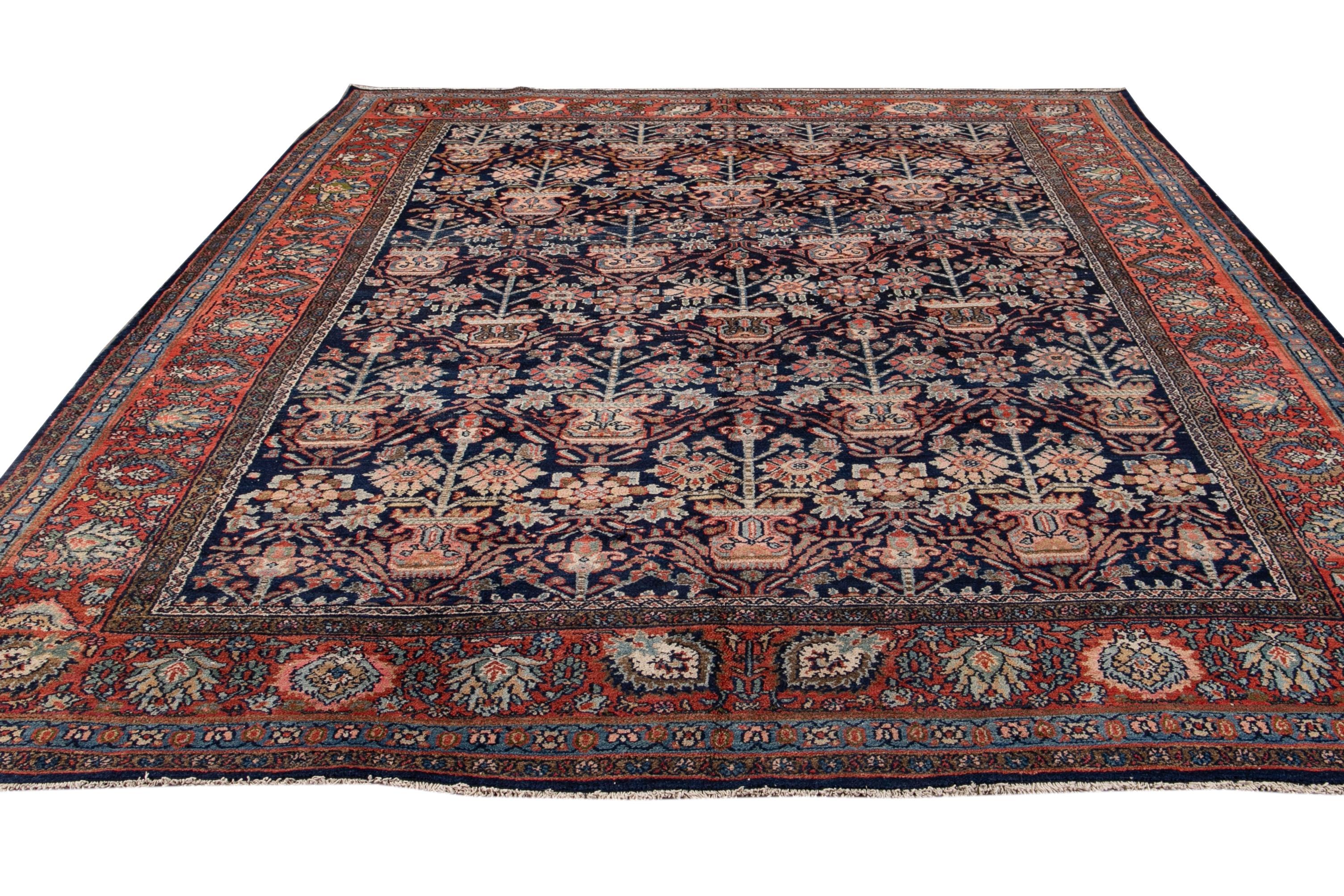 Antique Blue Persian Malayer Handmade Wool Rug For Sale 9