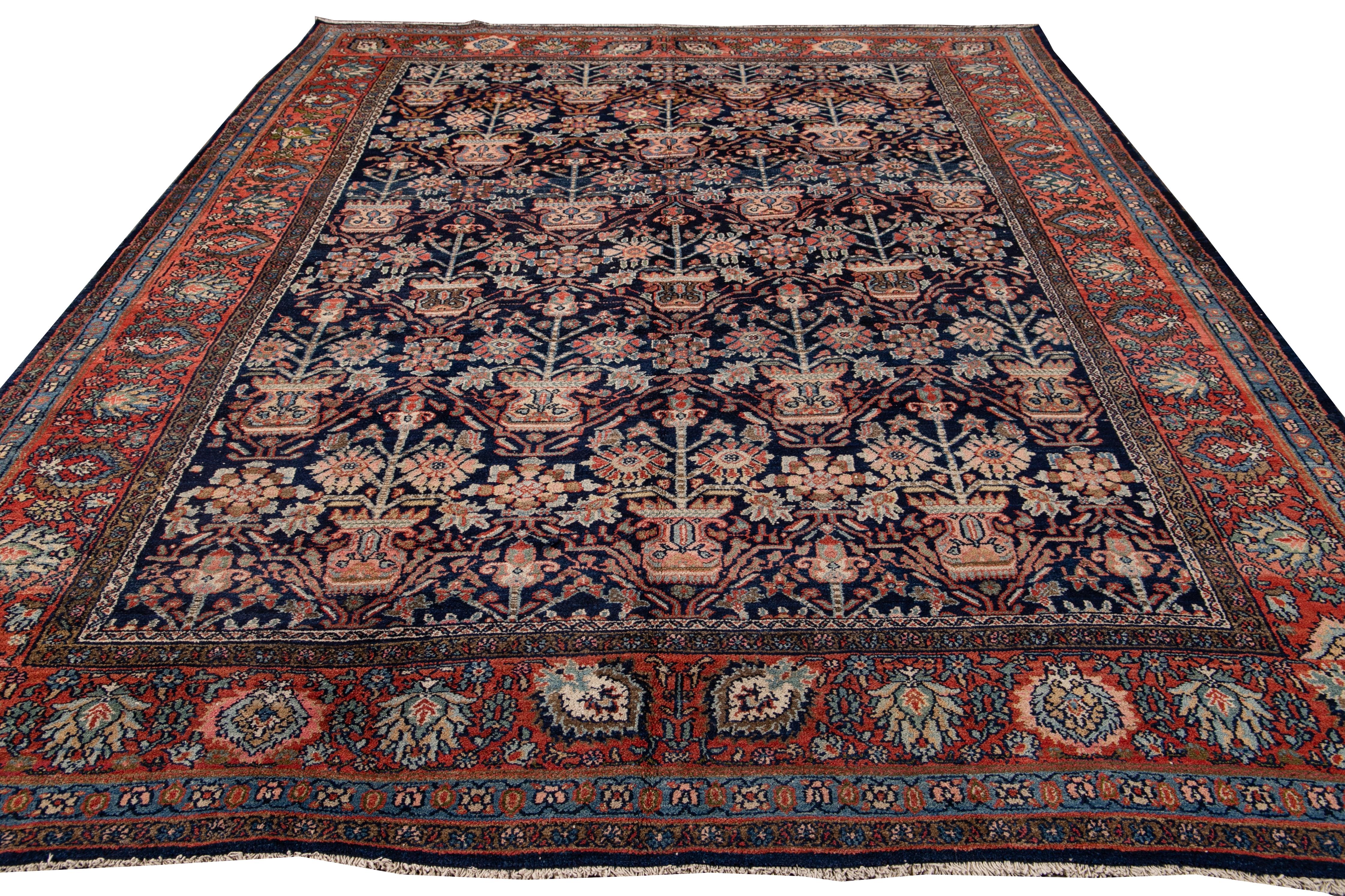 Hand-Knotted Antique Blue Persian Malayer Handmade Wool Rug For Sale