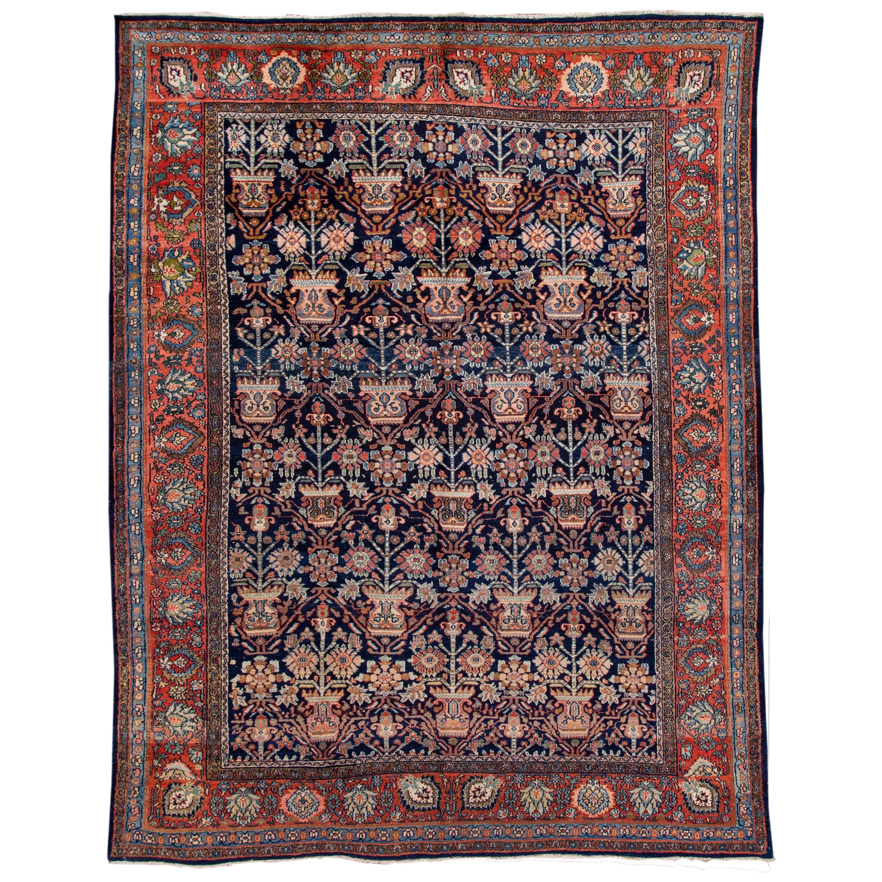 Antique Blue Persian Malayer Handmade Wool Rug For Sale