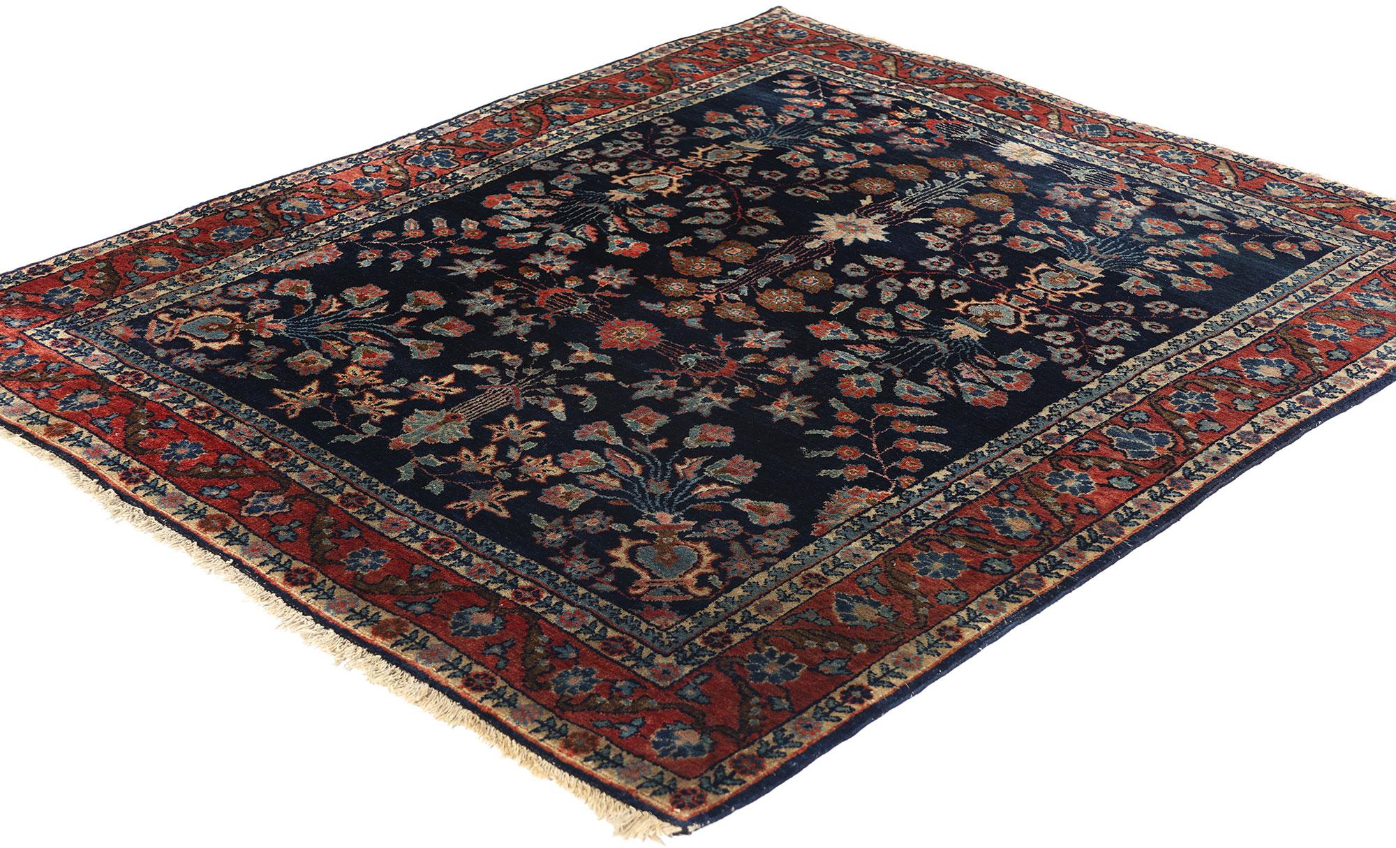 78763 Antique Navy Blue Persian Mohajeran Sarouk Rug, 03'03 x 03'10. Persian Mohajeran Sarouk rugs are exquisite handwoven creations originating from the Sarouk region of Iran, celebrated for their exceptional quality, intricate designs, and rich