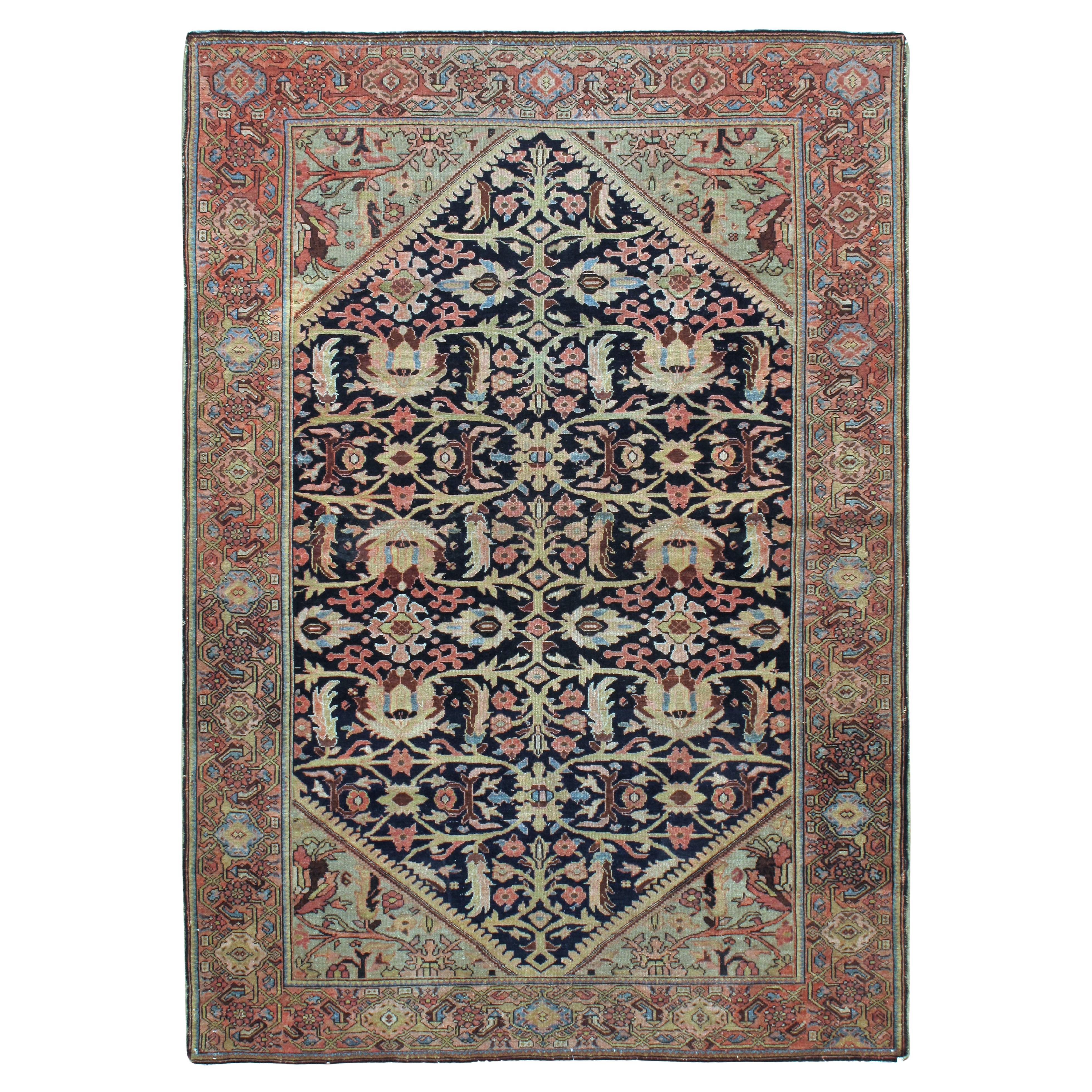 Alfombra Persa Sarouk Azul Antiguo, 4'6 x 7'7 en venta