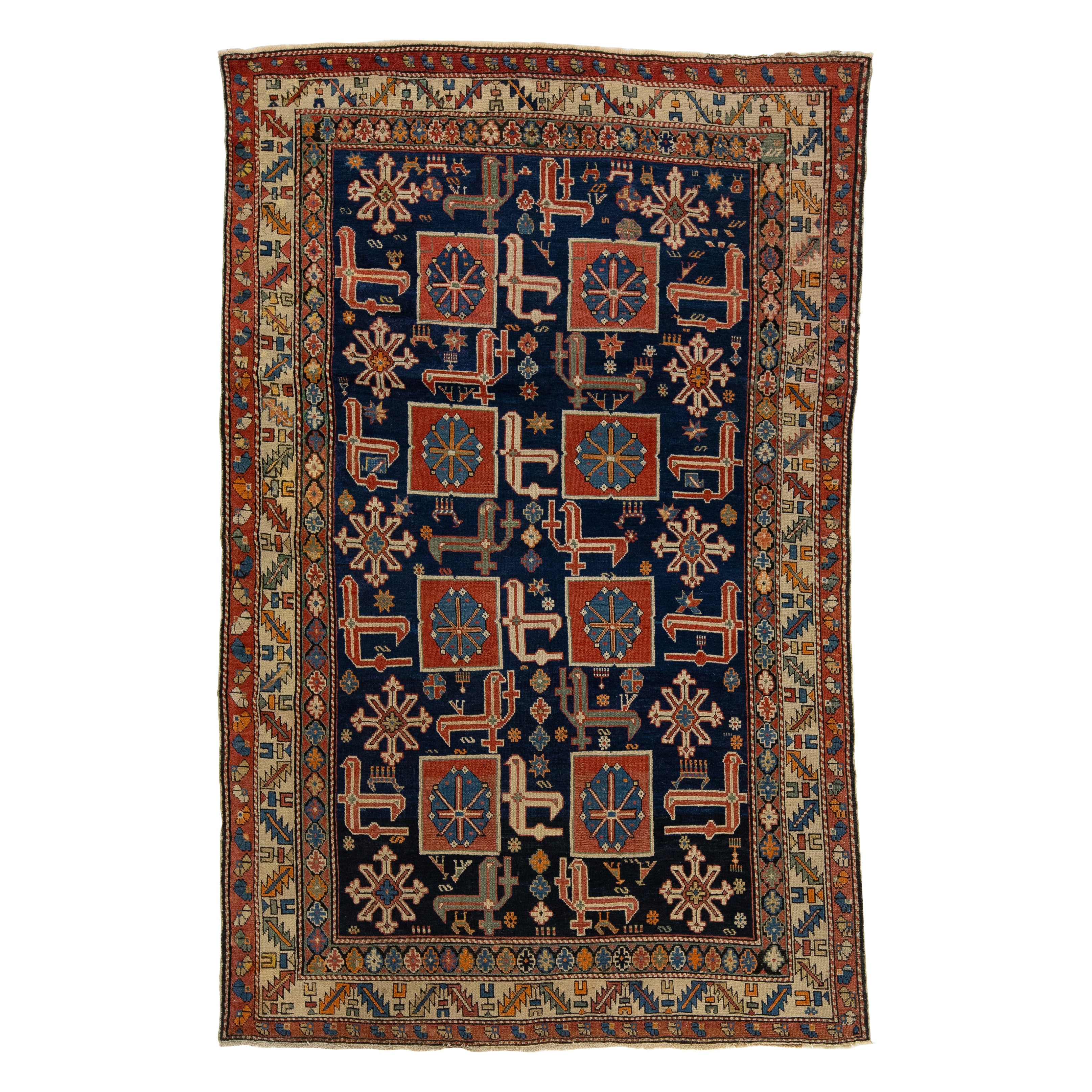 Tapis persan Shirvan bleu ancien fabriqué à la main avec un design géométrique