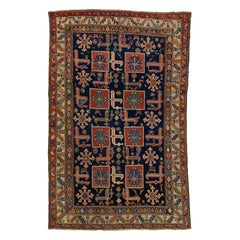 Tapis persan Shirvan bleu ancien fabriqué à la main avec un design géométrique