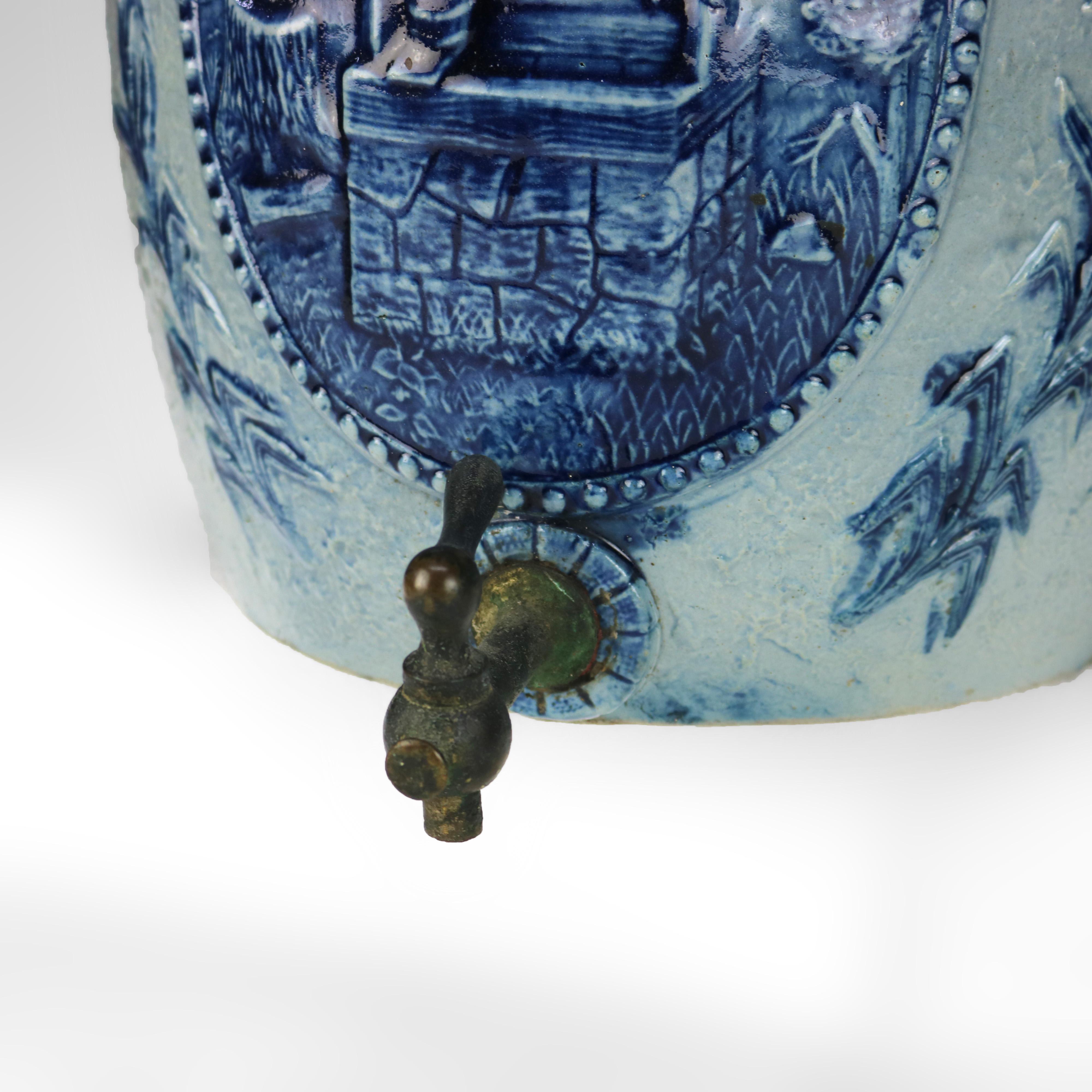 Antique Blue Salt Glazed Stoneware Water Crock with Genre Water Well Scene C1880 For Sale 6