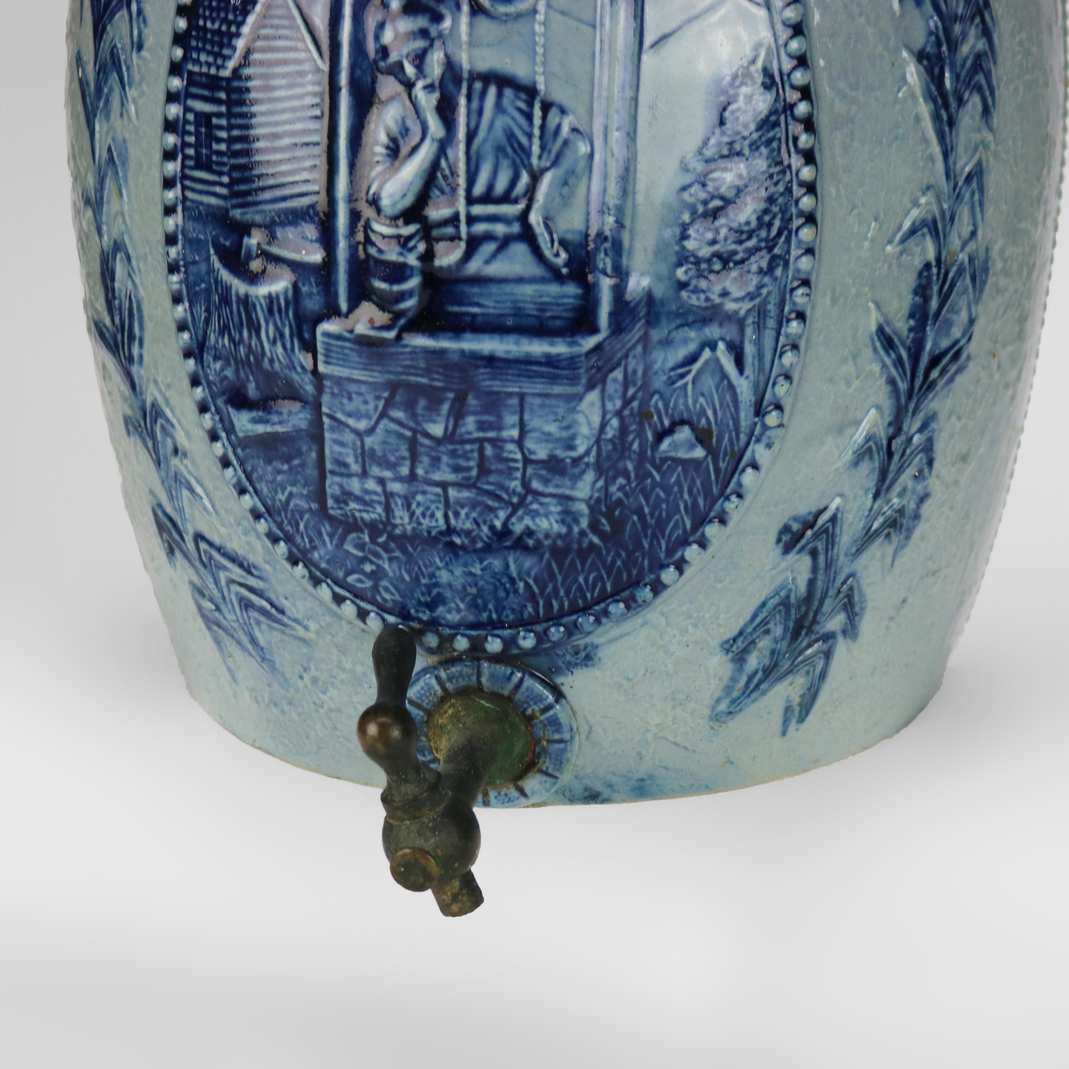 Antique Blue Salt Glazed Stoneware Water Crock with Genre Water Well Scene C1880 For Sale 7