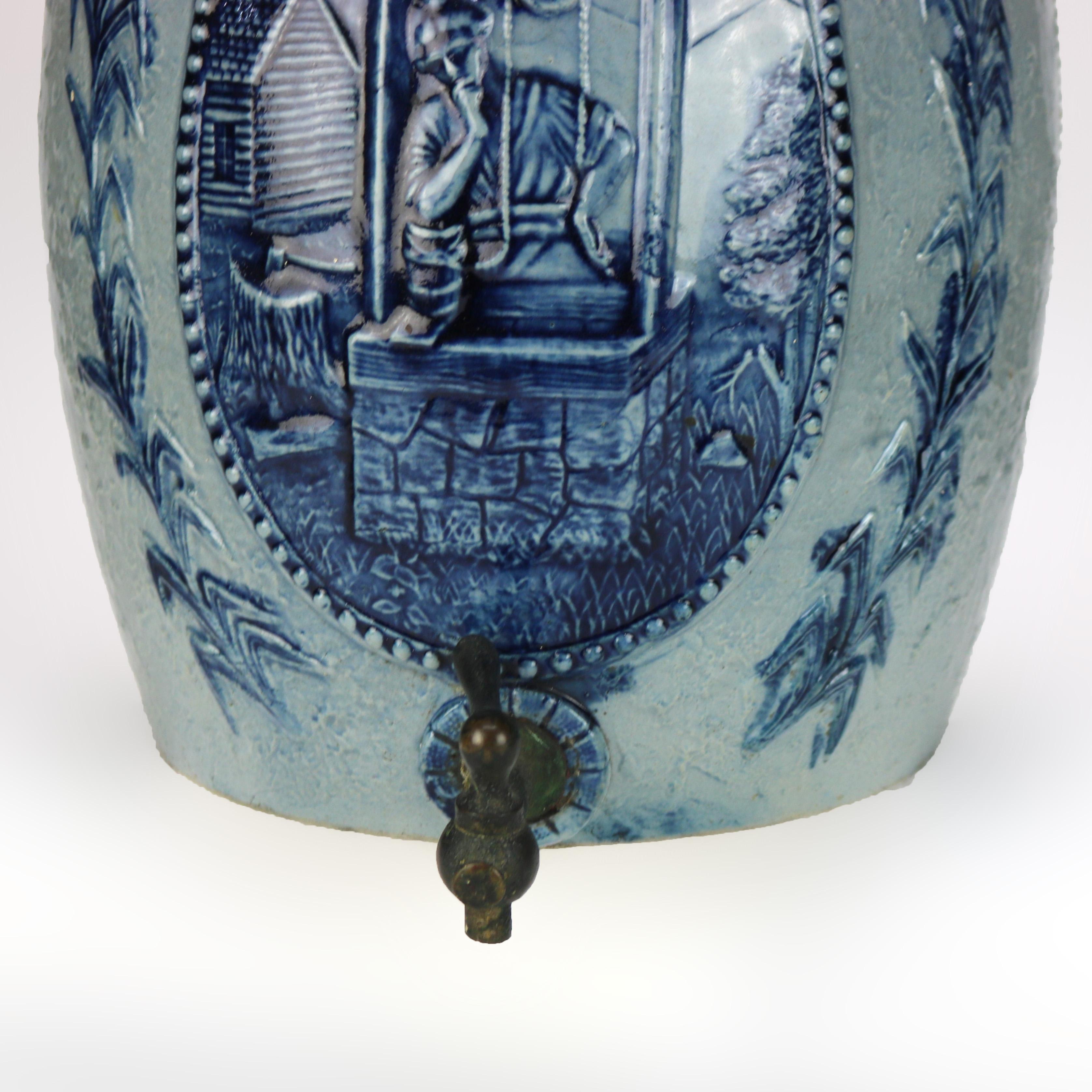 Antique Blue Salt Glazed Stoneware Water Crock with Genre Water Well Scene C1880 For Sale 8