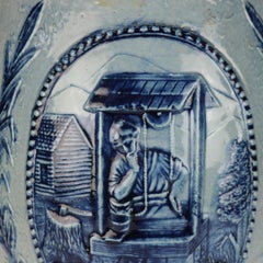 Antique Blue Salt Glazed Stoneware Water Crock with Genre Water Well Scene C1880