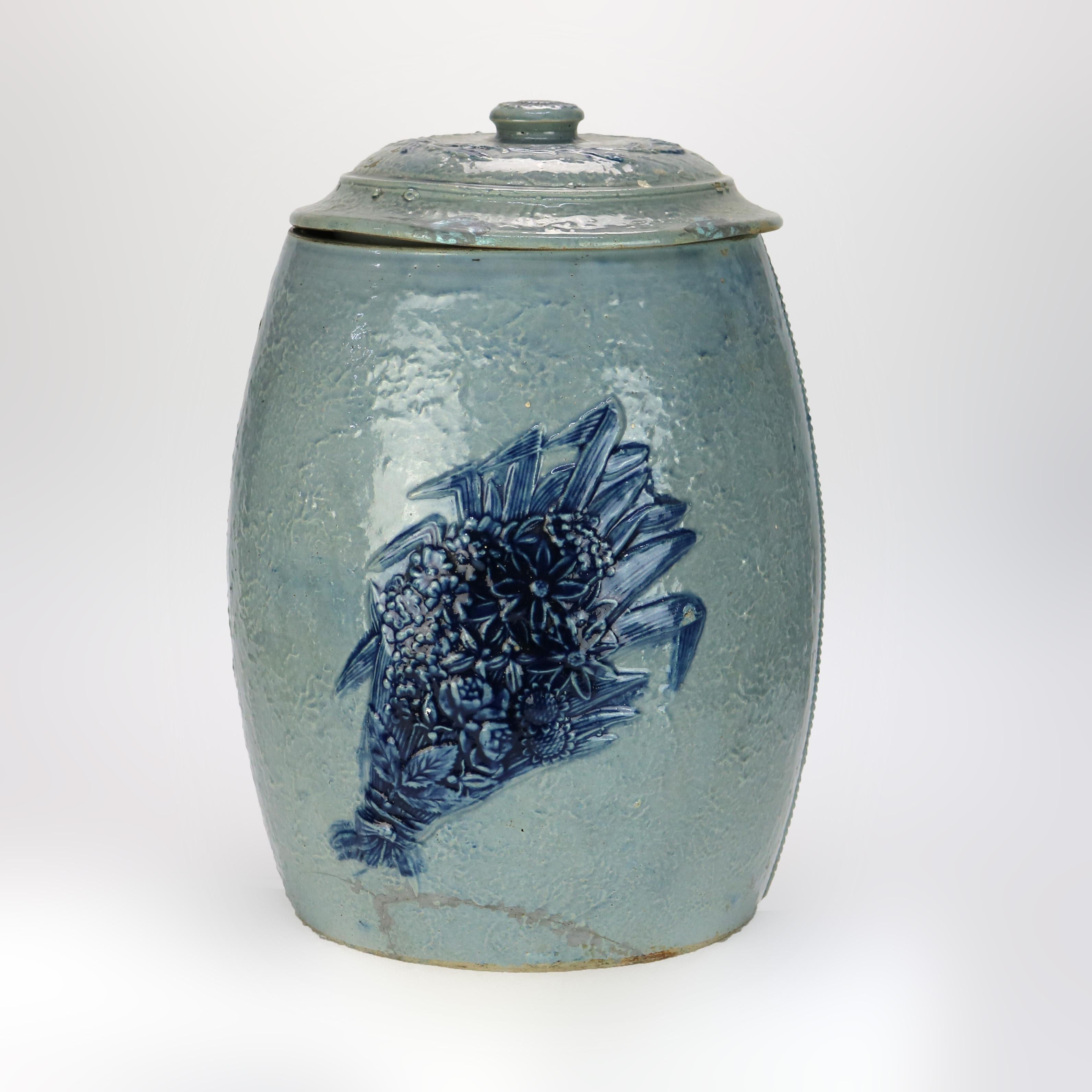 Antique Blue Salt Glazed Stoneware Water Crock with Genre Water Well Scene C1880 In Good Condition For Sale In Big Flats, NY