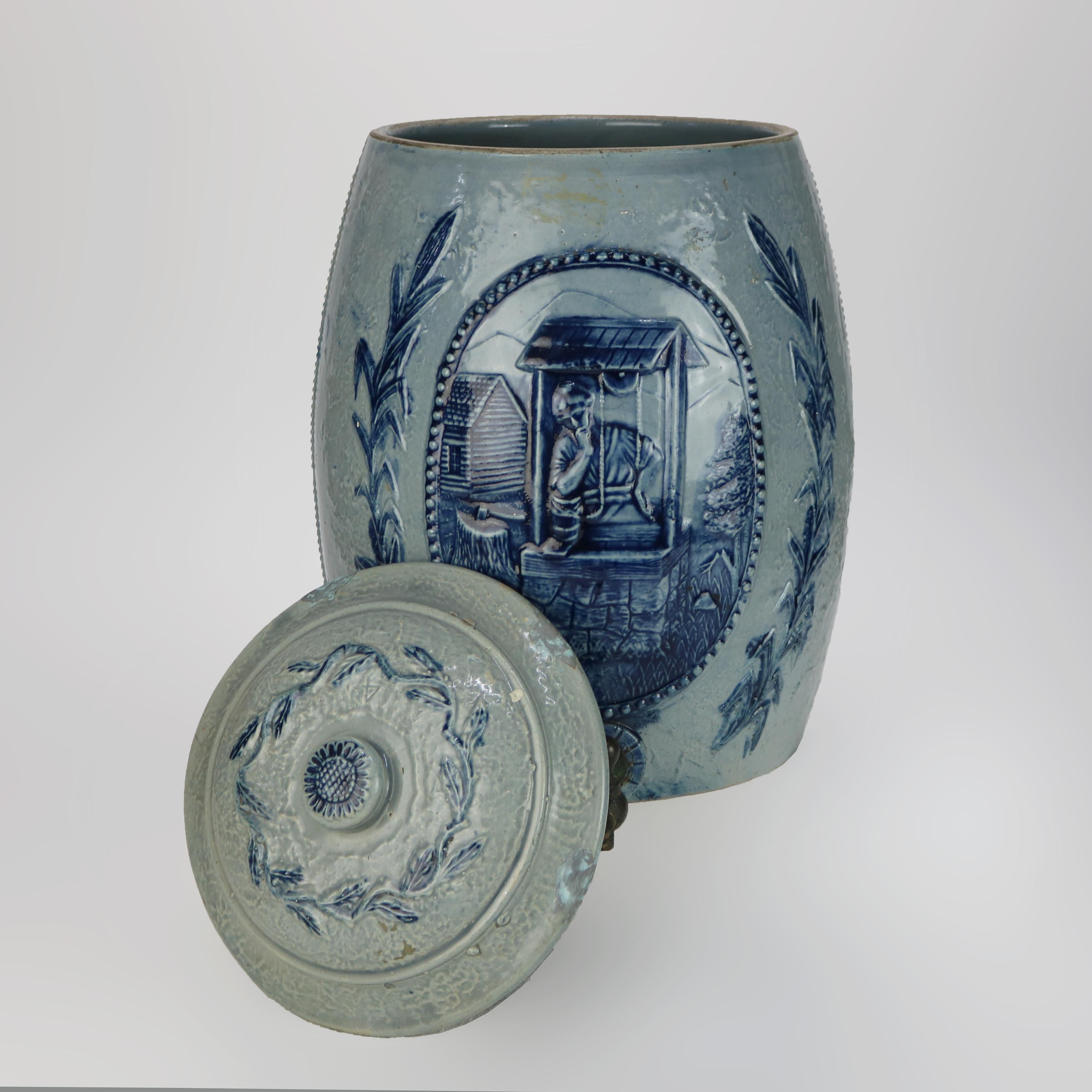 19th Century Antique Blue Salt Glazed Stoneware Water Crock with Genre Water Well Scene C1880 For Sale