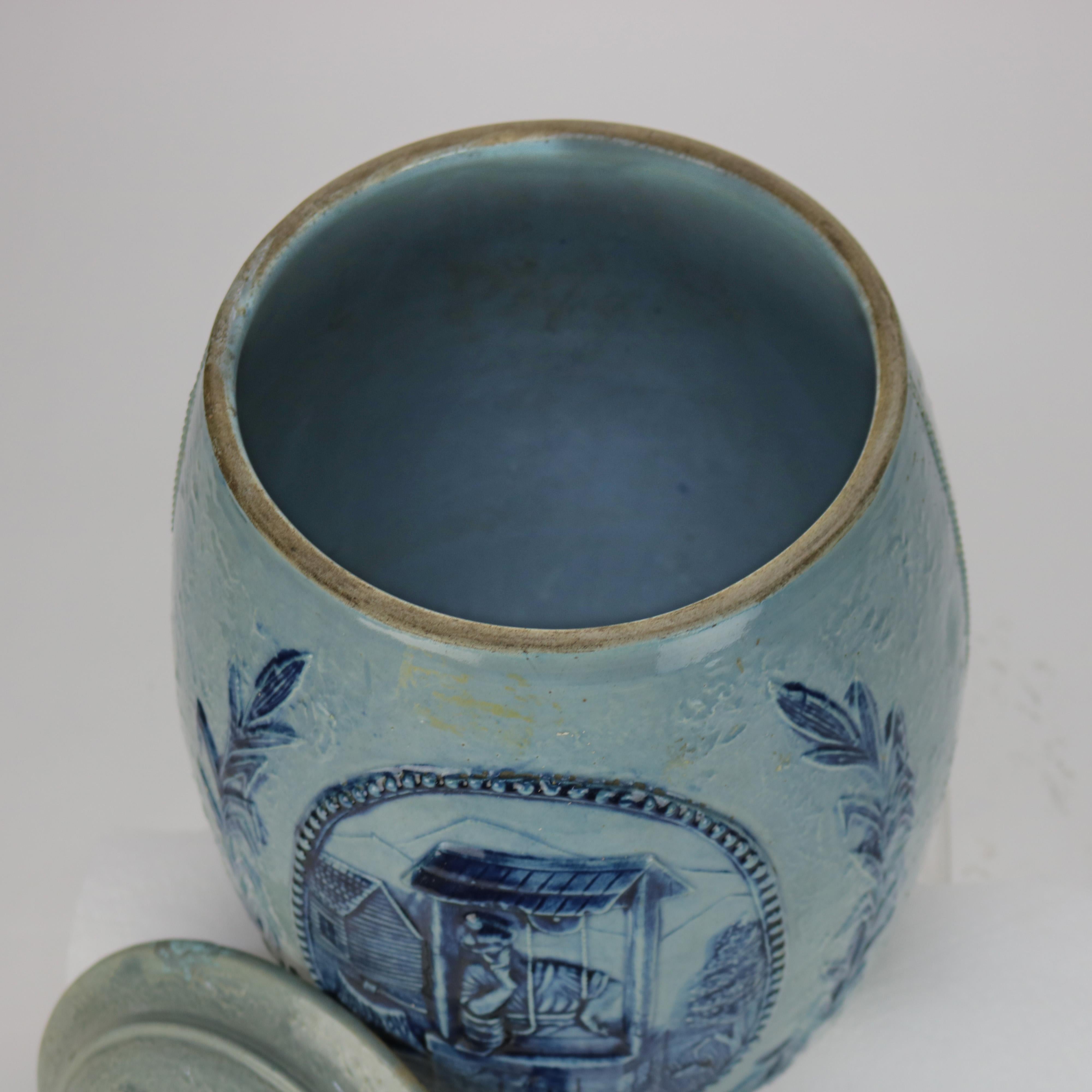 Antique Blue Salt Glazed Stoneware Water Crock with Genre Water Well Scene C1880 For Sale 1