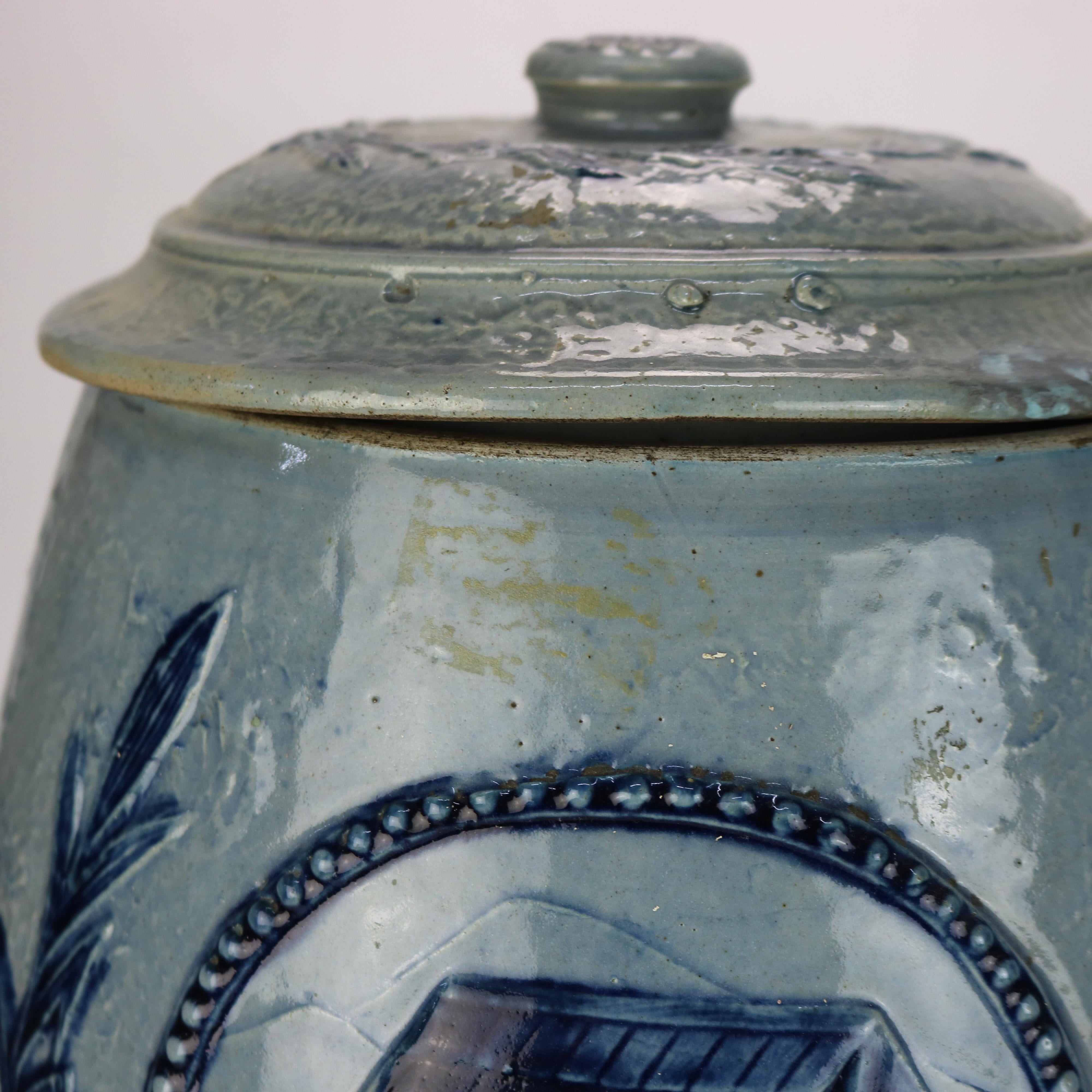 Antique Blue Salt Glazed Stoneware Water Crock with Genre Water Well Scene C1880 For Sale 2