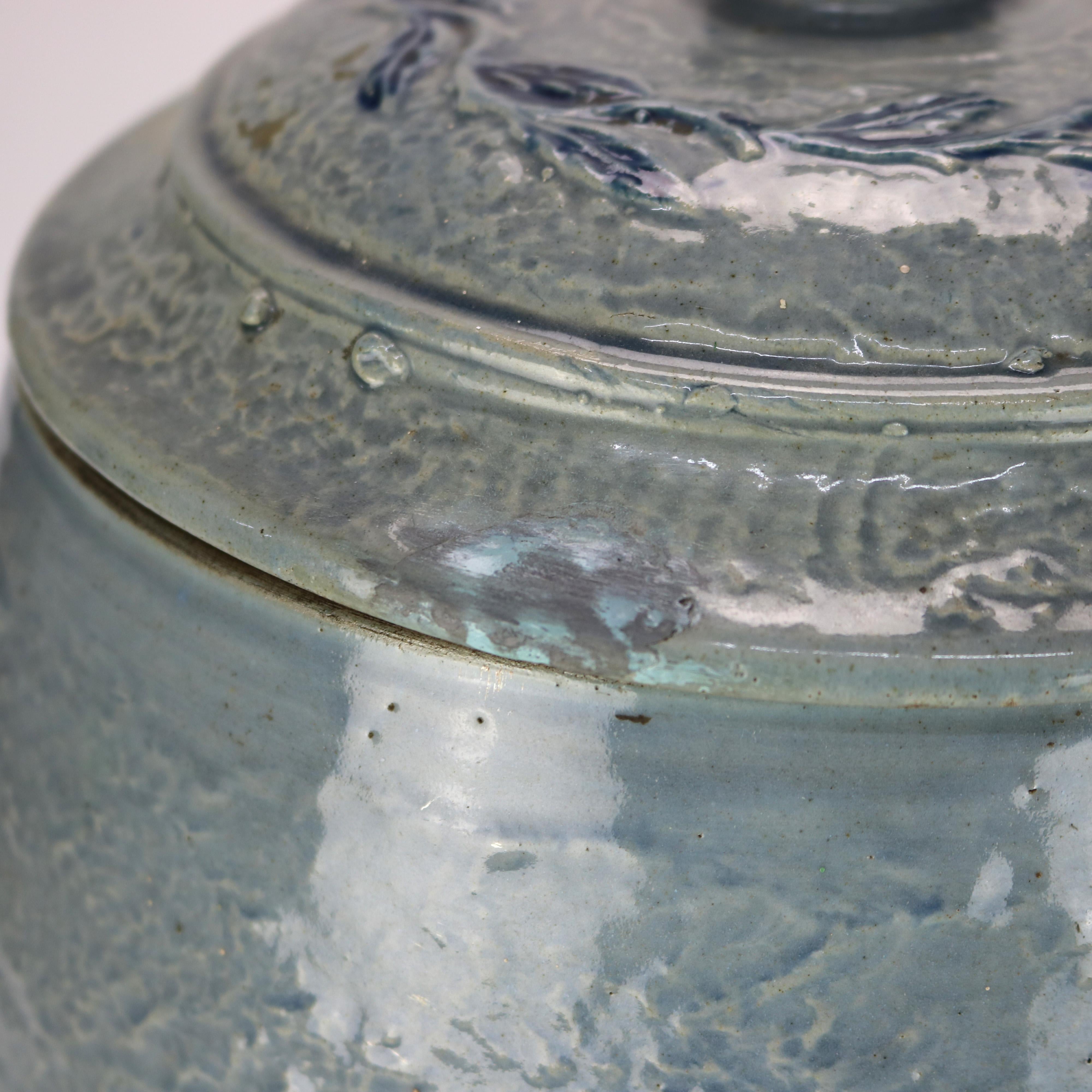 Antique Blue Salt Glazed Stoneware Water Crock with Genre Water Well Scene C1880 For Sale 4