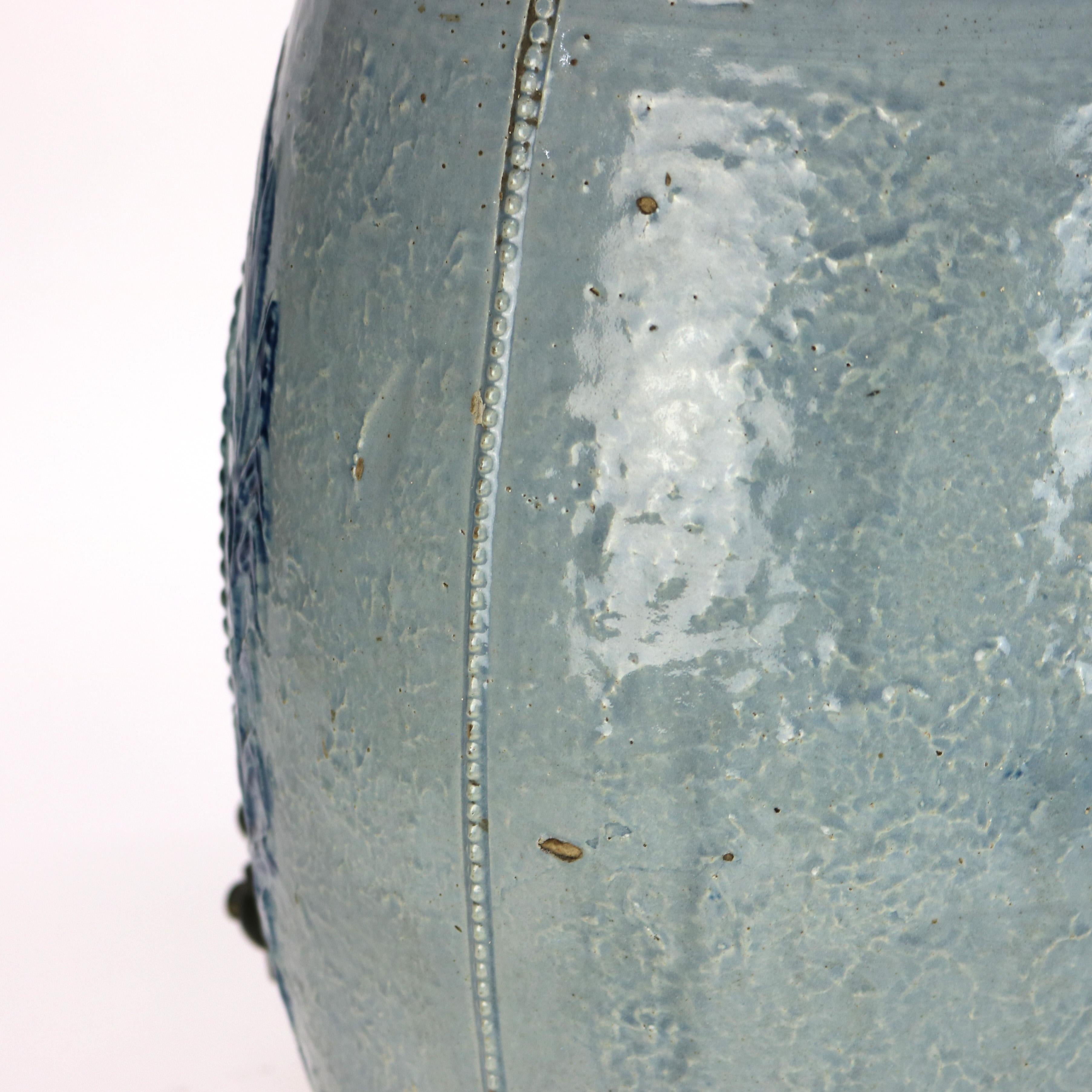 Antique Blue Salt Glazed Stoneware Water Crock with Genre Water Well Scene C1880 For Sale 5