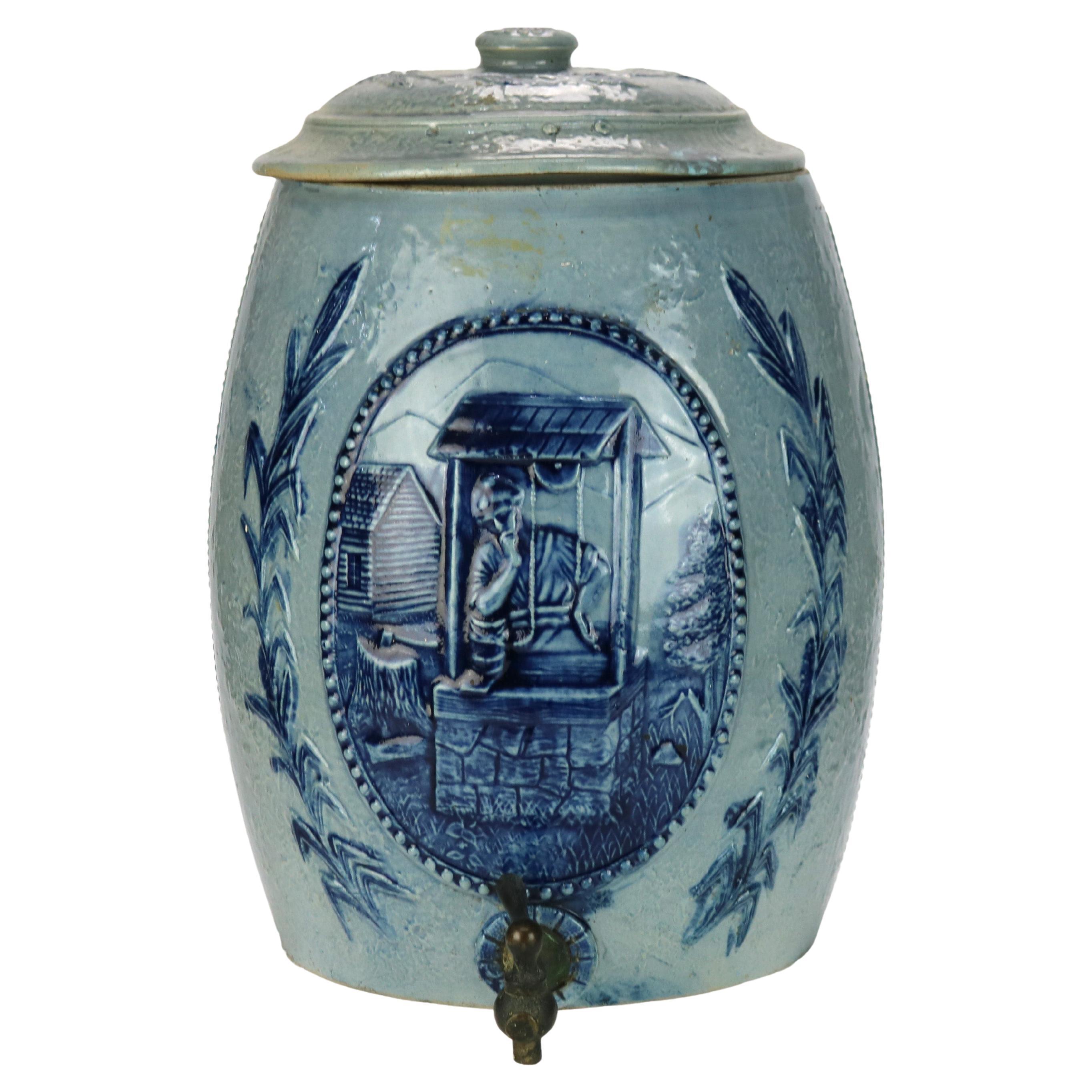 Antique Blue Salt Glazed Stoneware Water Crock with Genre Water Well Scene C1880 For Sale