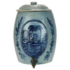 Antique Blue Salt Glazed Stoneware Water Crock with Genre Water Well Scene C1880