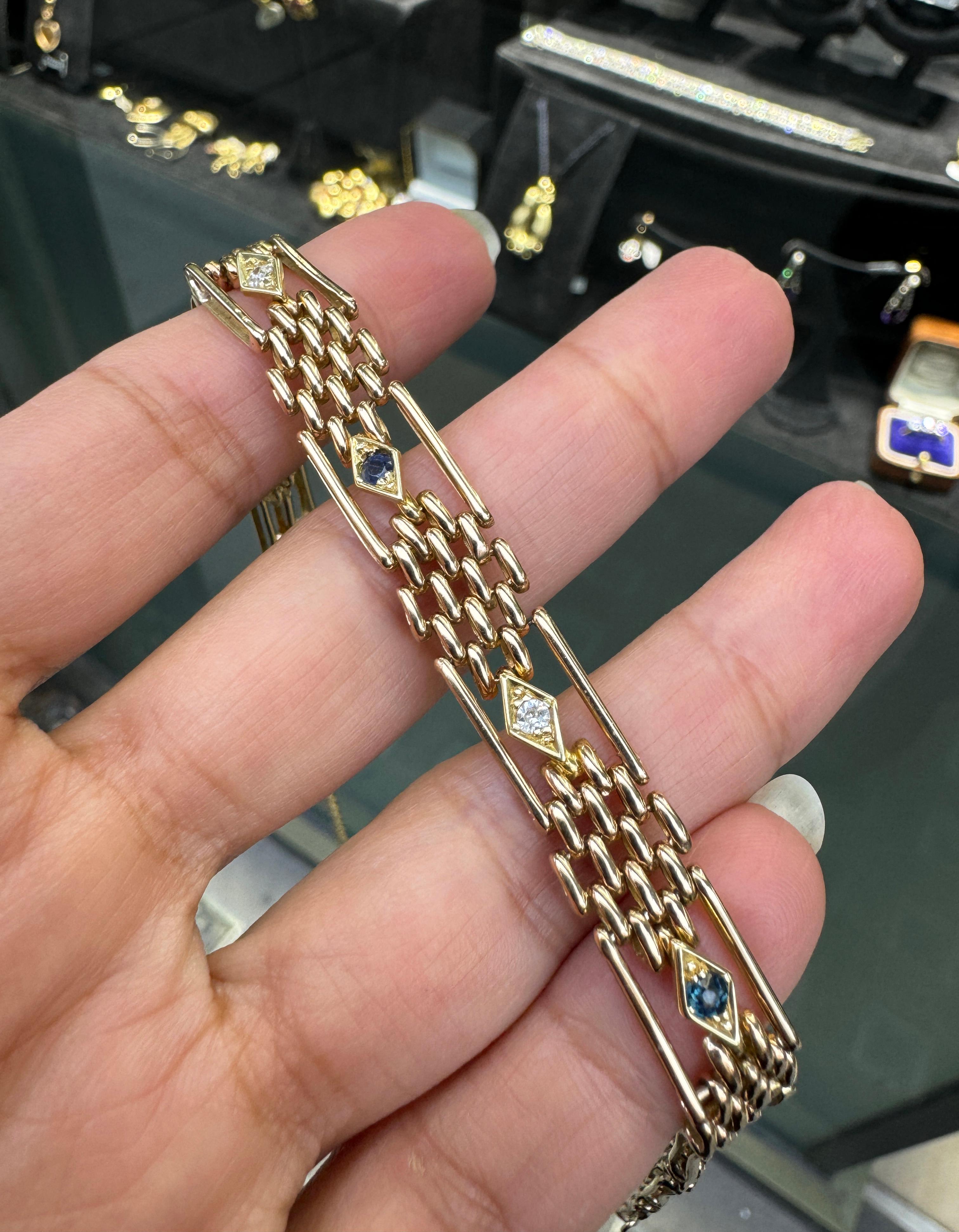Taille vieille mine Bracelet ancien en or rose 15 carats avec saphir bleu et diamants en vente