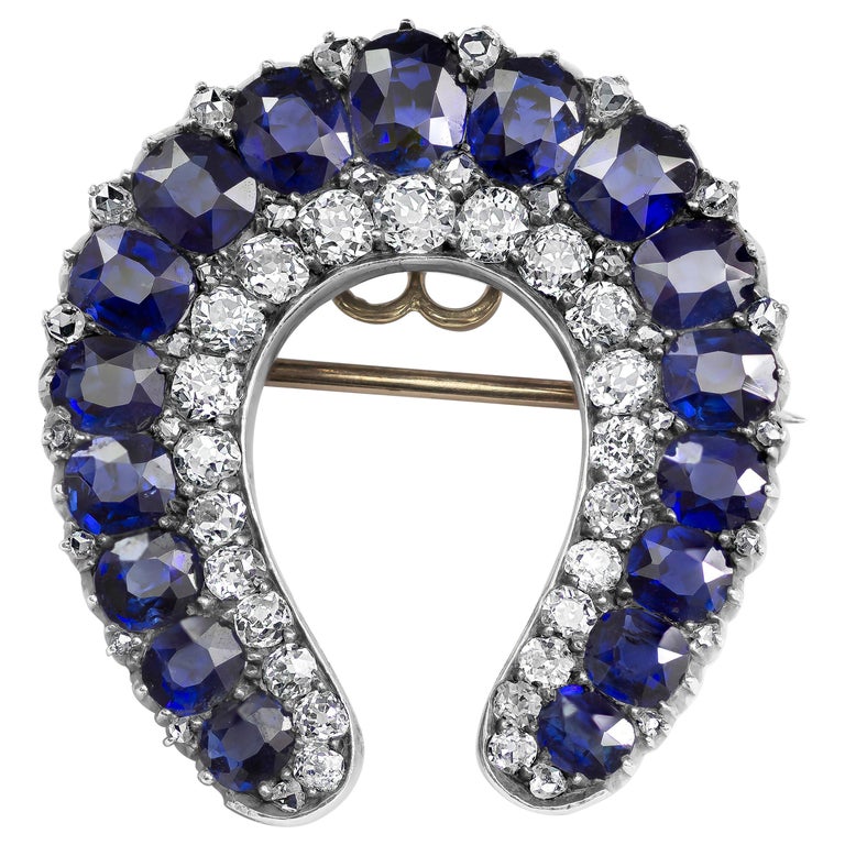 Antique No-Heat Blue Sapphire and Diamond Horseshoe Brooch For Sale at  1stDibs