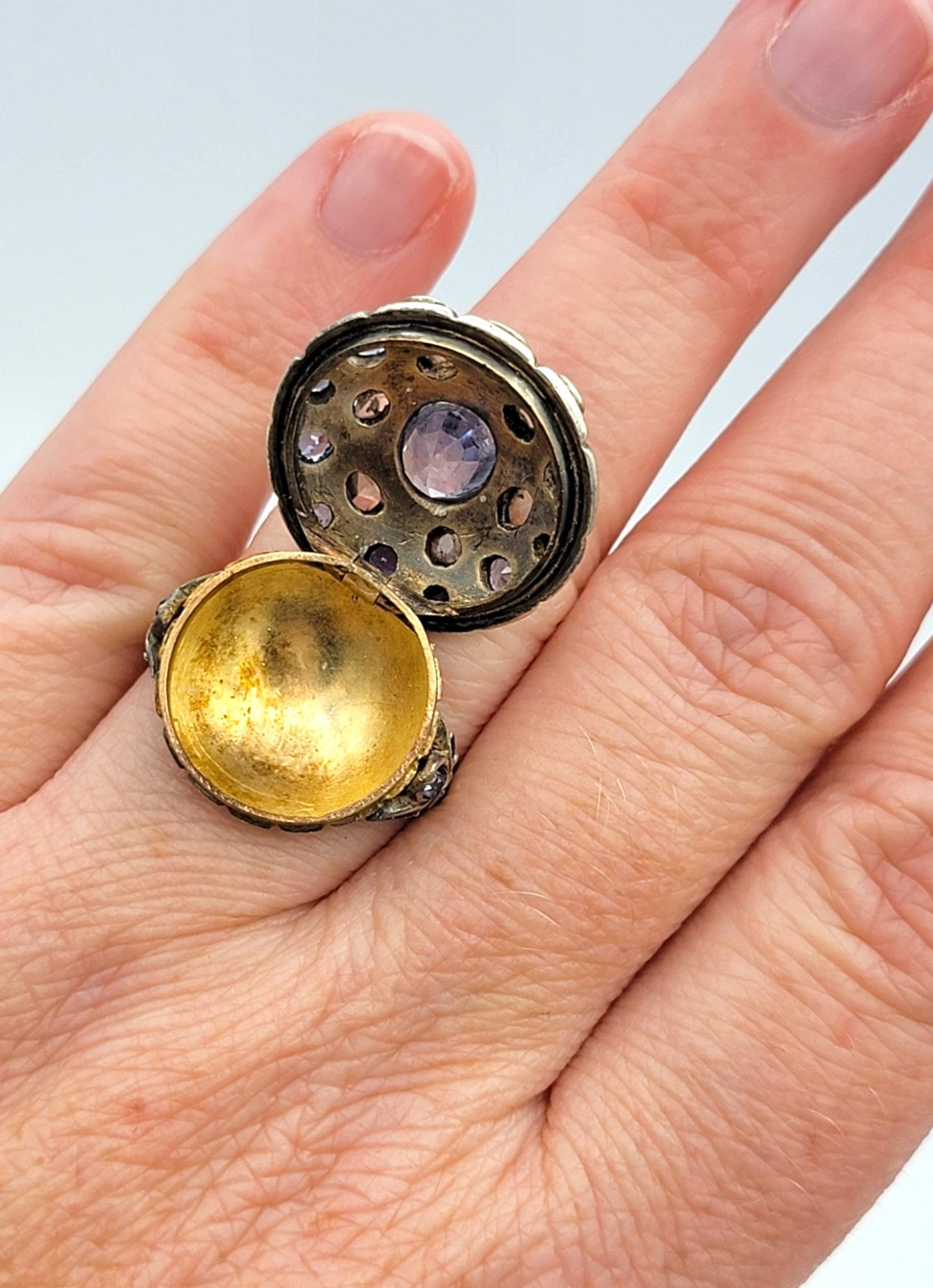 Antique Blue Sapphire and Multi-Diamond Poison Ring in 12 Karat Gold and Silver 4
