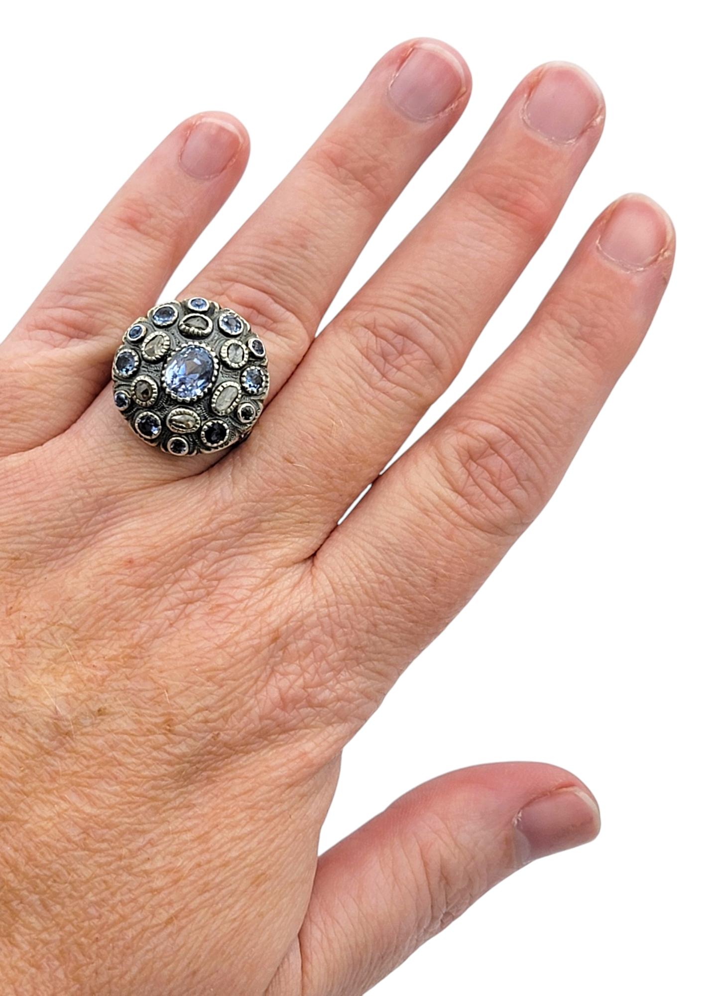 Antique Blue Sapphire and Multi-Diamond Poison Ring in 12 Karat Gold and Silver 5