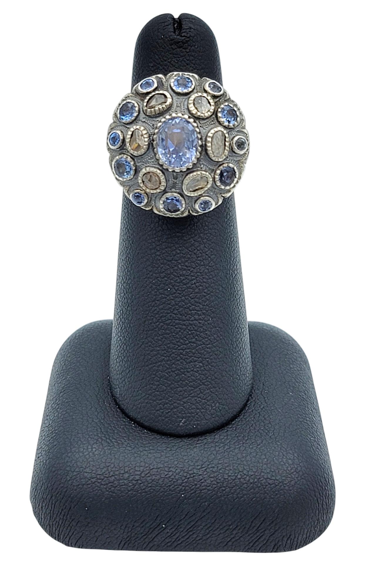 Antique Blue Sapphire and Multi-Diamond Poison Ring in 12 Karat Gold and Silver 6