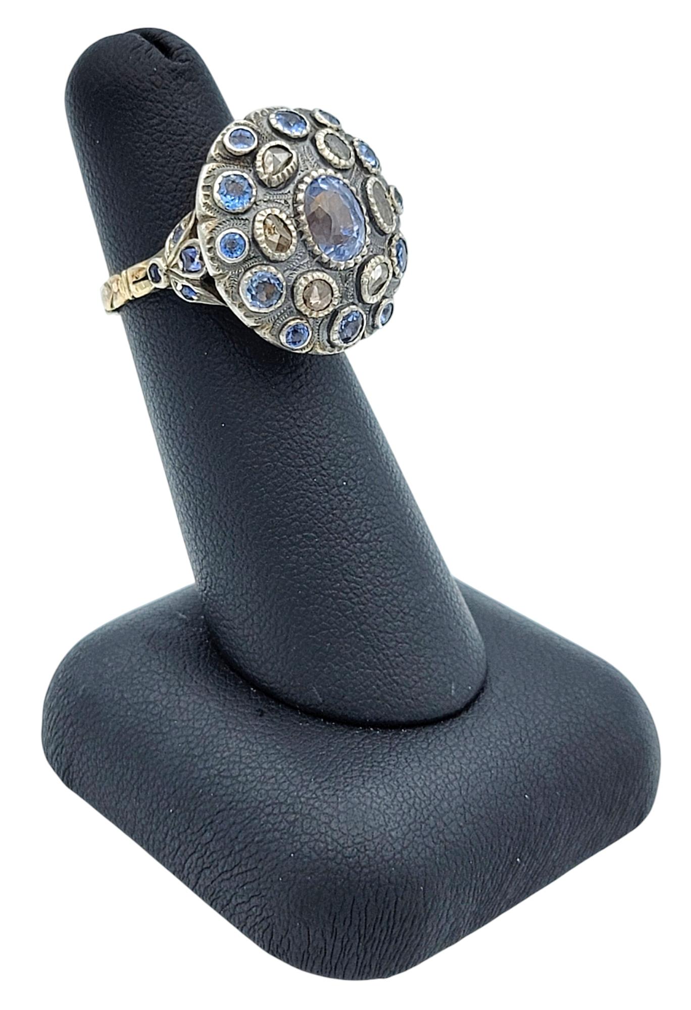 Antique Blue Sapphire and Multi-Diamond Poison Ring in 12 Karat Gold and Silver 7