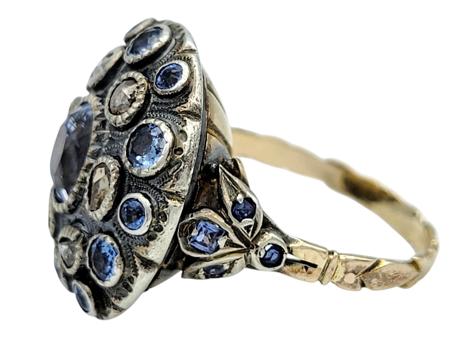 Antique Blue Sapphire and Multi-Diamond Poison Ring in 12 Karat Gold and Silver In Good Condition In Scottsdale, AZ