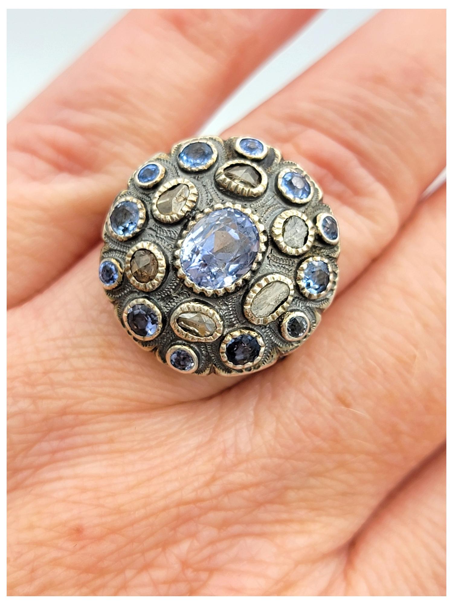 Antique Blue Sapphire and Multi-Diamond Poison Ring in 12 Karat Gold and Silver 3
