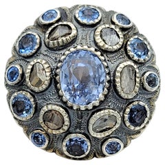 Antiker Poison-Ring aus 12 Karat Gold und Silber mit blauem Saphir und mehreren Diamanten