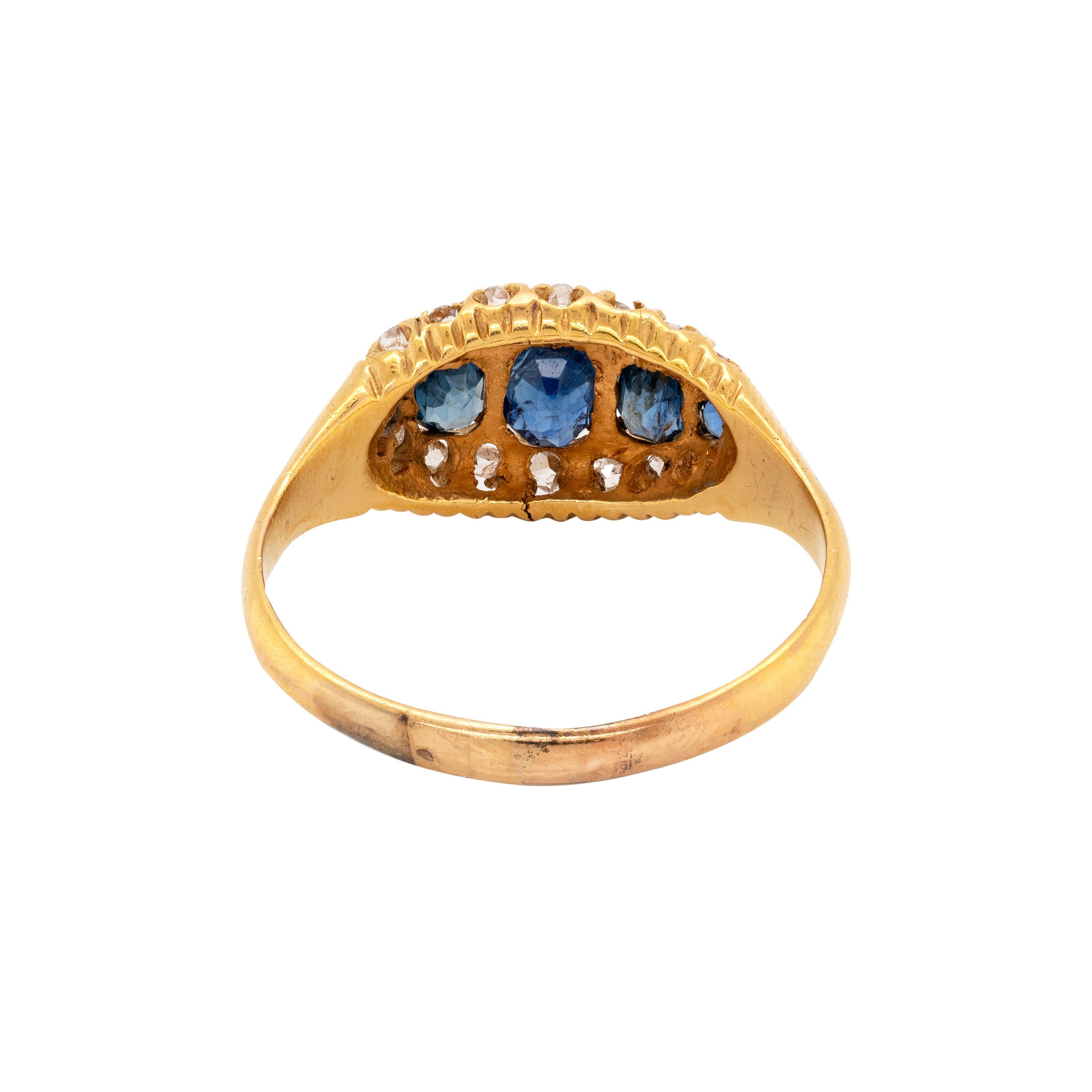 Late Victorian Antique Blue Sapphire and Old Cut Diamond 18 Carat Yellow Gold Ring, Circa 1890s For Sale