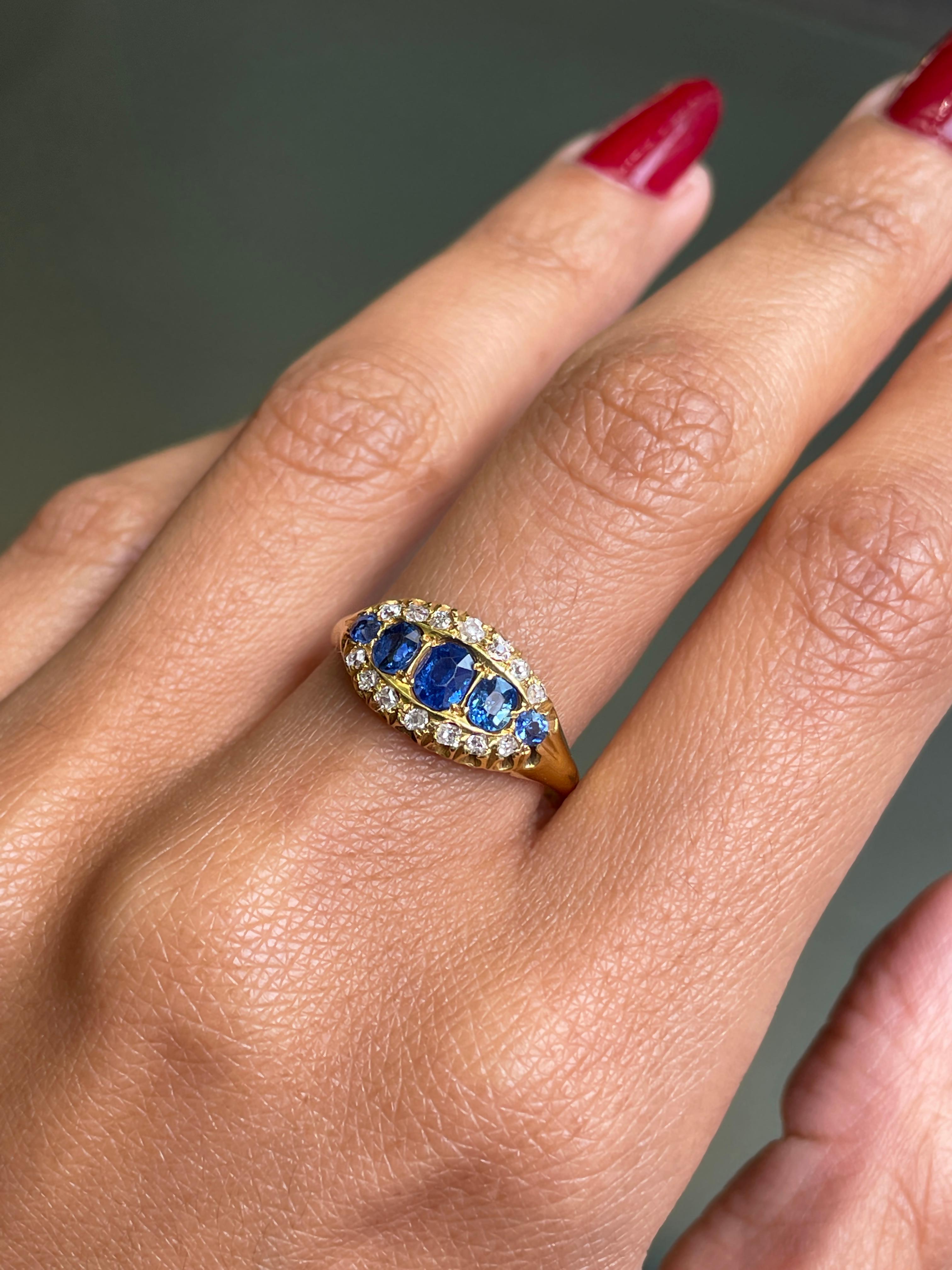 Women's or Men's Antique Blue Sapphire and Old Cut Diamond 18 Carat Yellow Gold Ring, Circa 1890s For Sale