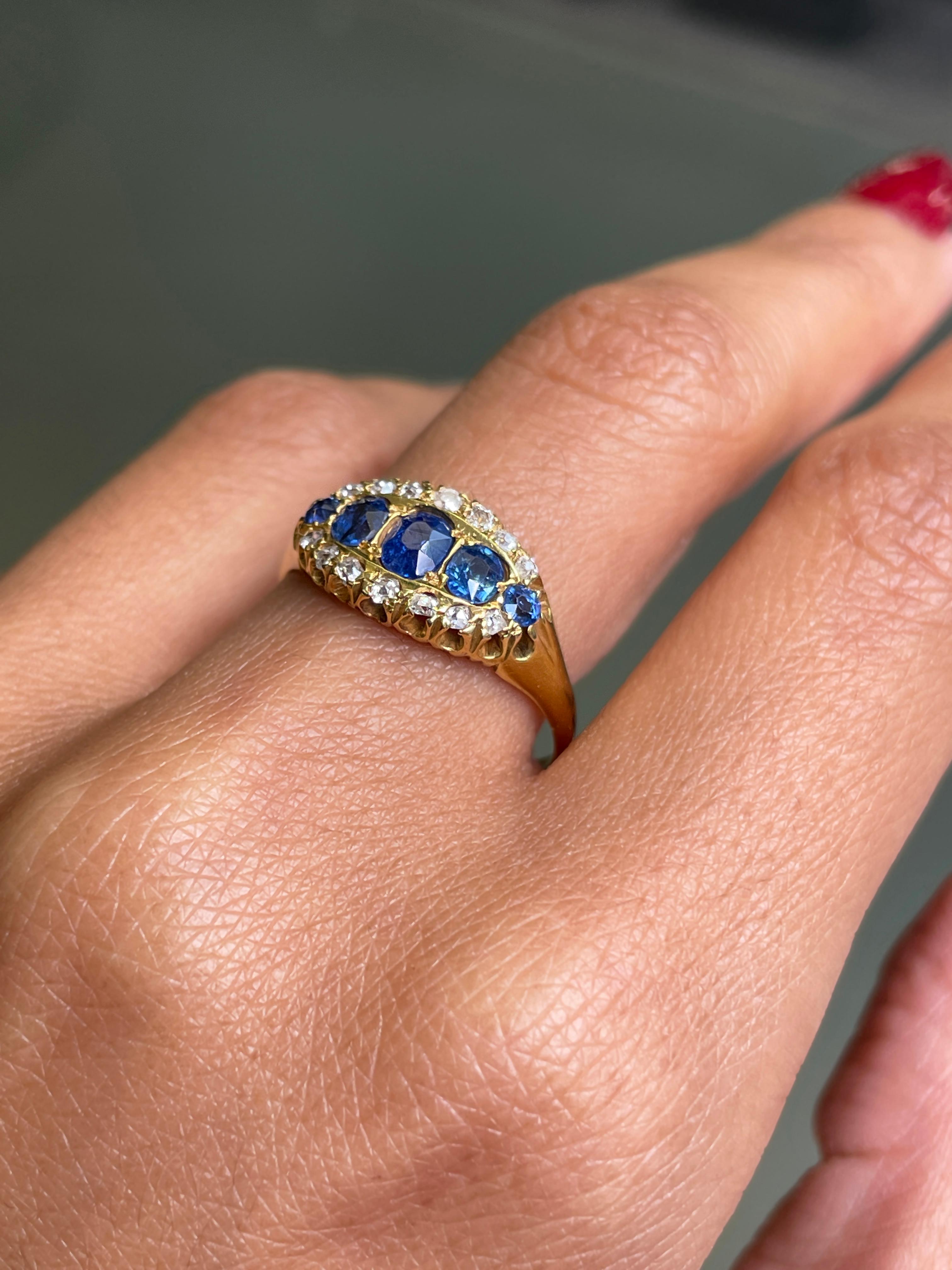 Antique Blue Sapphire and Old Cut Diamond 18 Carat Yellow Gold Ring, Circa 1890s For Sale 1